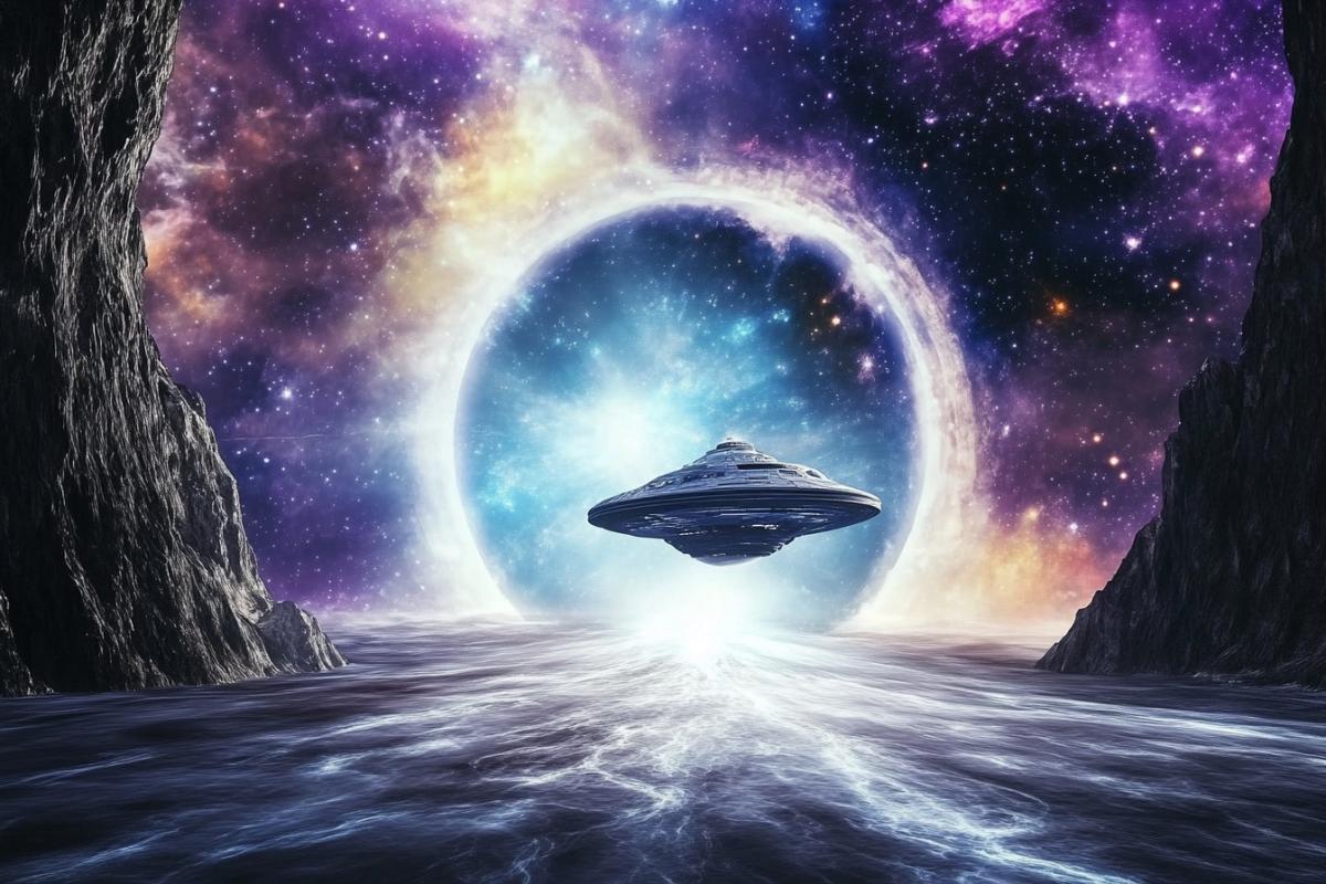 a space gate through which a large spaceship floats