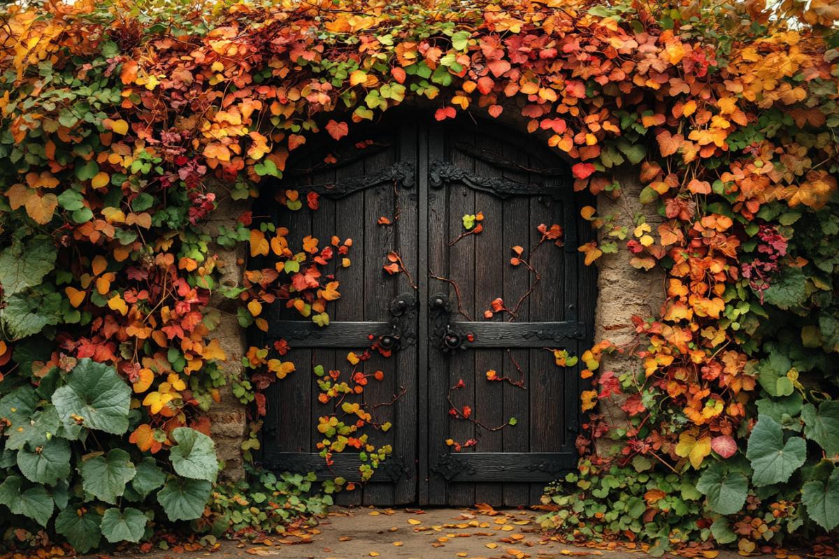 Beautiful ancient fairy-tale forged cast-iron gates are ajar, entwined with flowering climbing plants, behind which you can see a wonderful garden and a fairy-tale house of a good sorceress.
