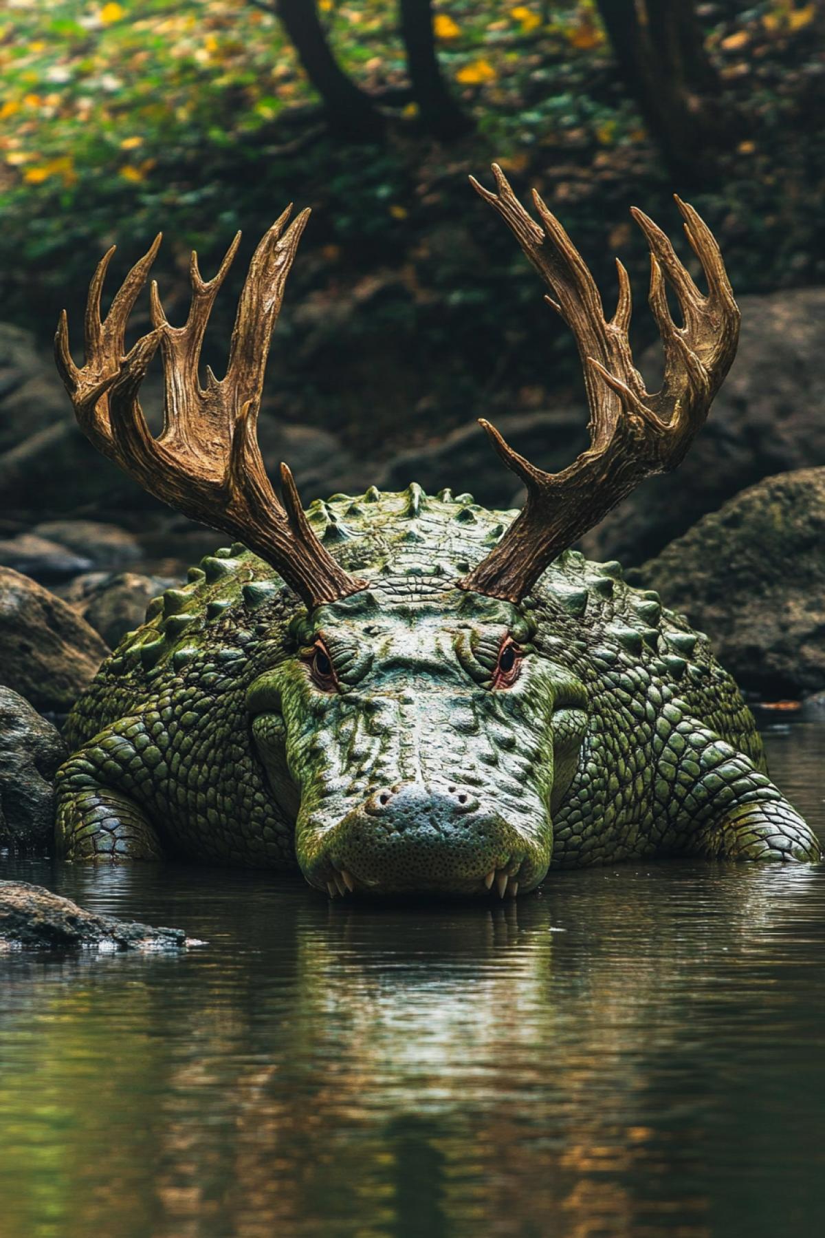 Crocodile with elk antlers on its head. Professional photography. High clarity and sharpness.