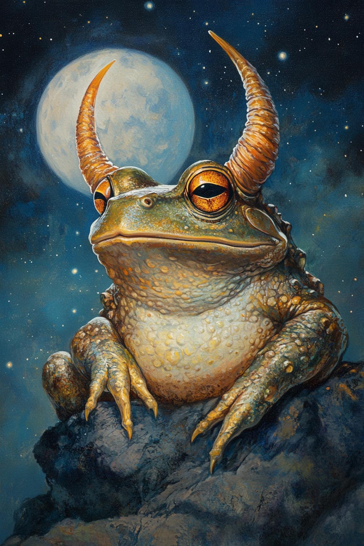 Frog with big horns, against the backdrop of the moon