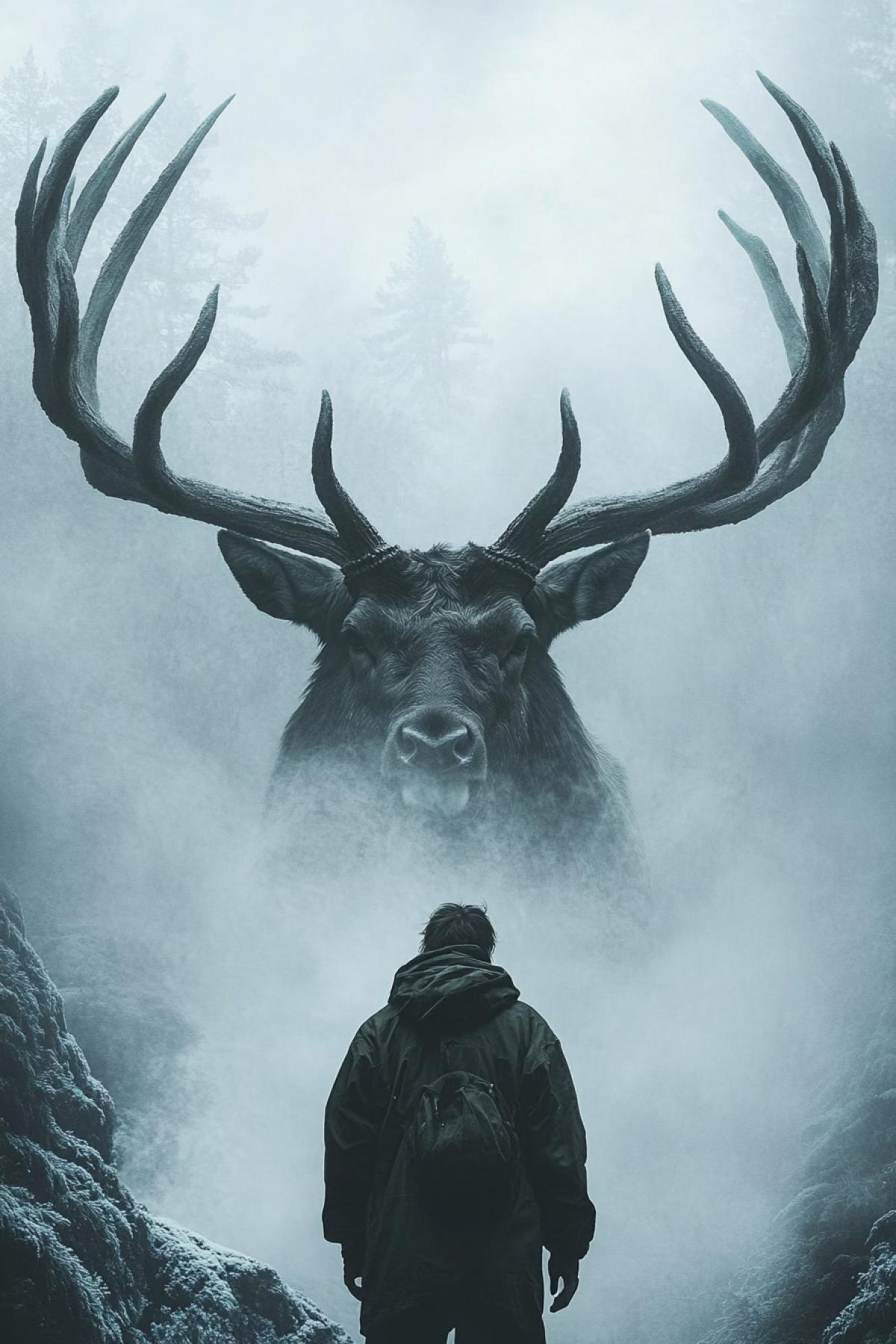 Big Elk with big horns, mysticism, nature, minimalism, Norway, flickering, realistic image, photoshop