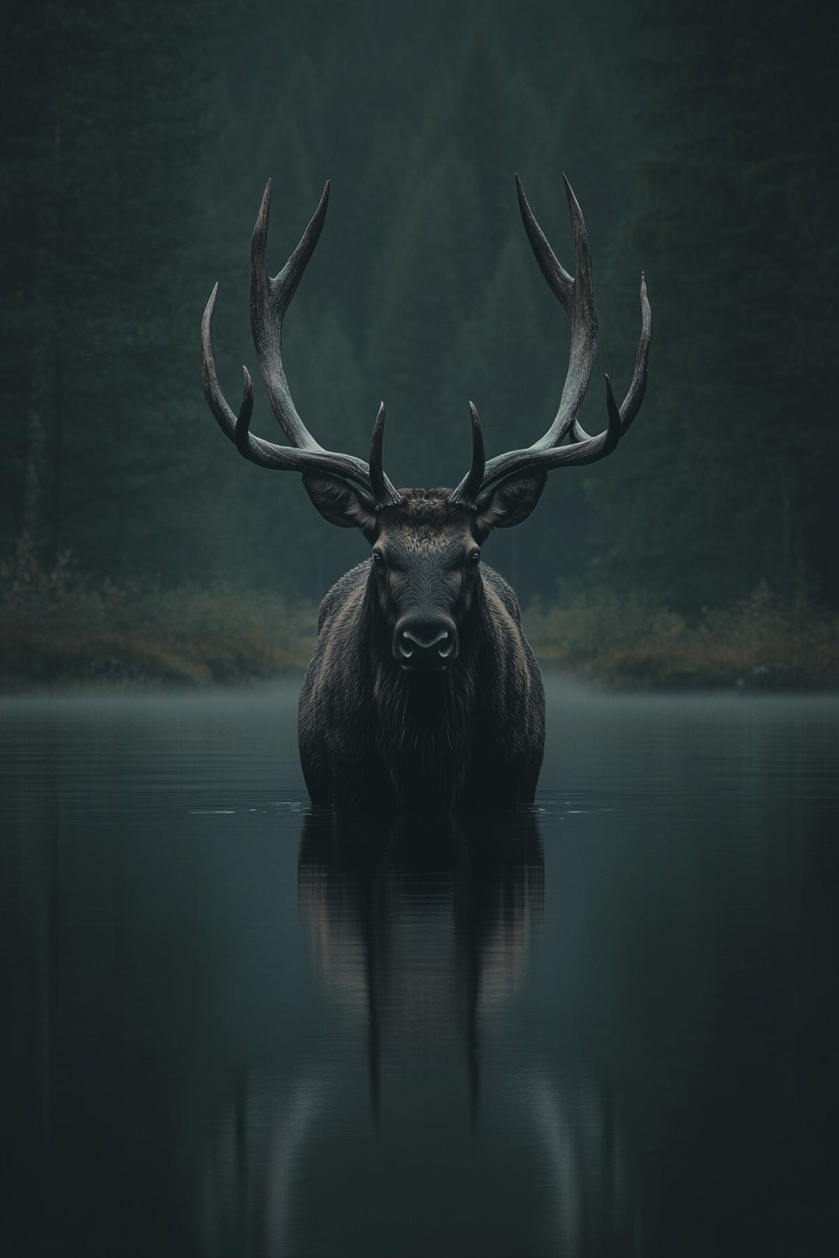 Big Elk with big horns, mysticism, nature, minimalism, Norway, flickering, realistic image, photoshop