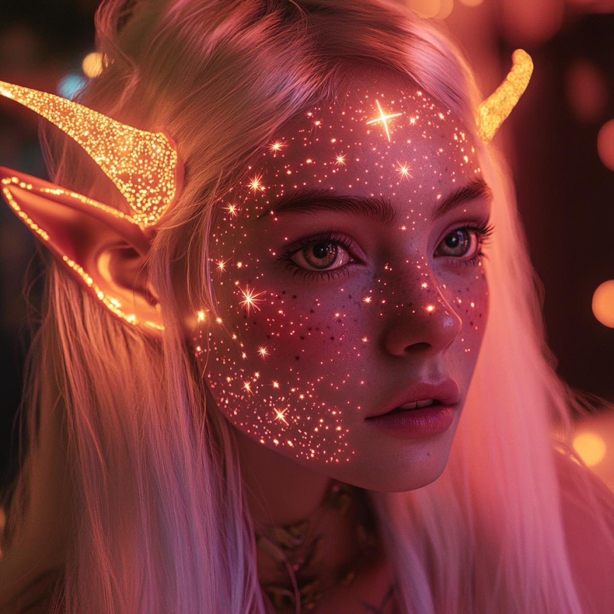 A glowing star elf with glowing little golden horns, her intricate tattoos on her face resembling constellations, glowing light on her face, soft and ethereal expression, her hair flowing like liquid gold, hyperrealism, hyperdetail, neon glow, detailed skin, cinematic lighting, Fujifilm Superia, full HD, shot on Canon EOS R5, 80mm lens, solid pink background ar 9:16 p 78qe8bg v 6.1