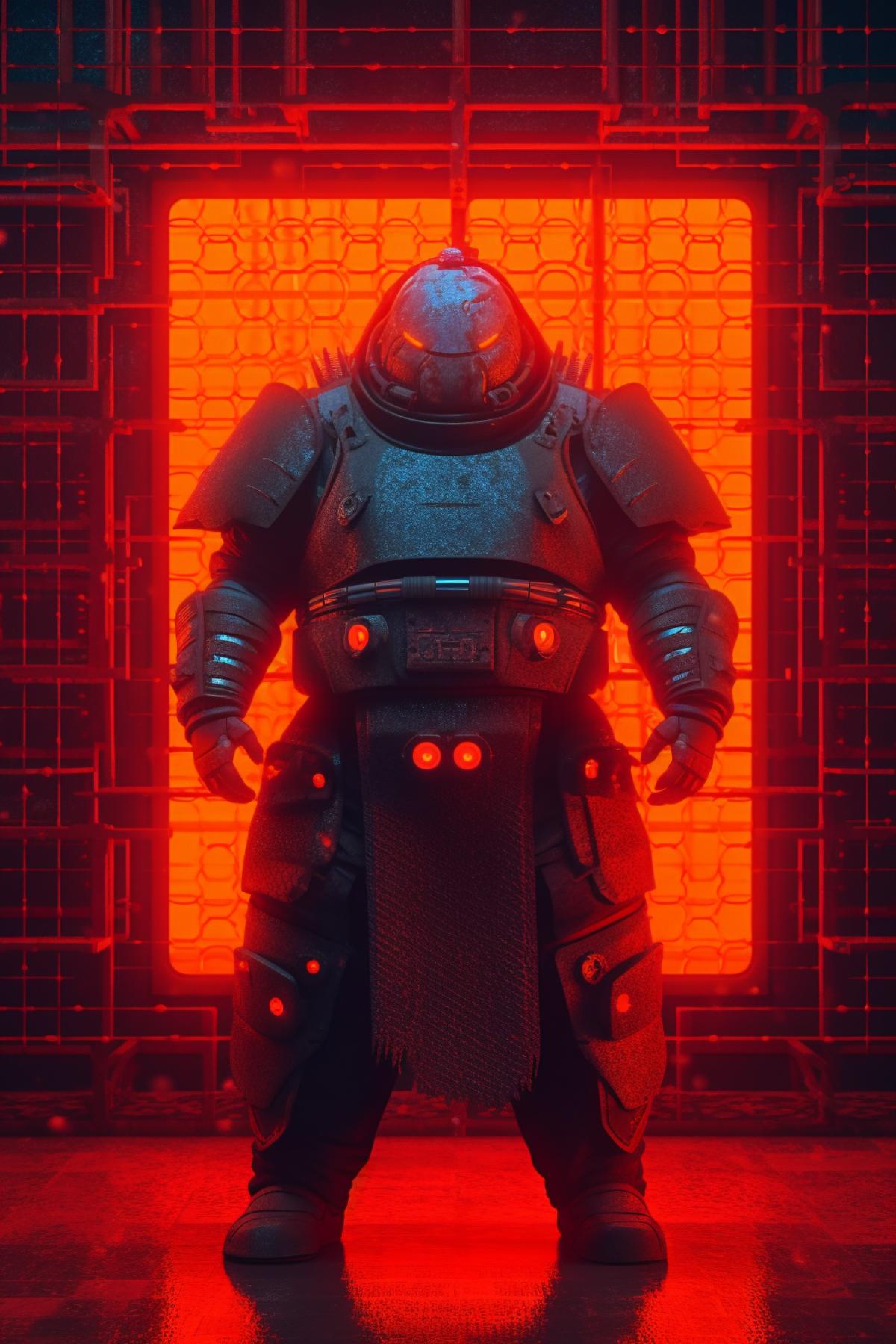 Fat knight in armor in cyberpunk style