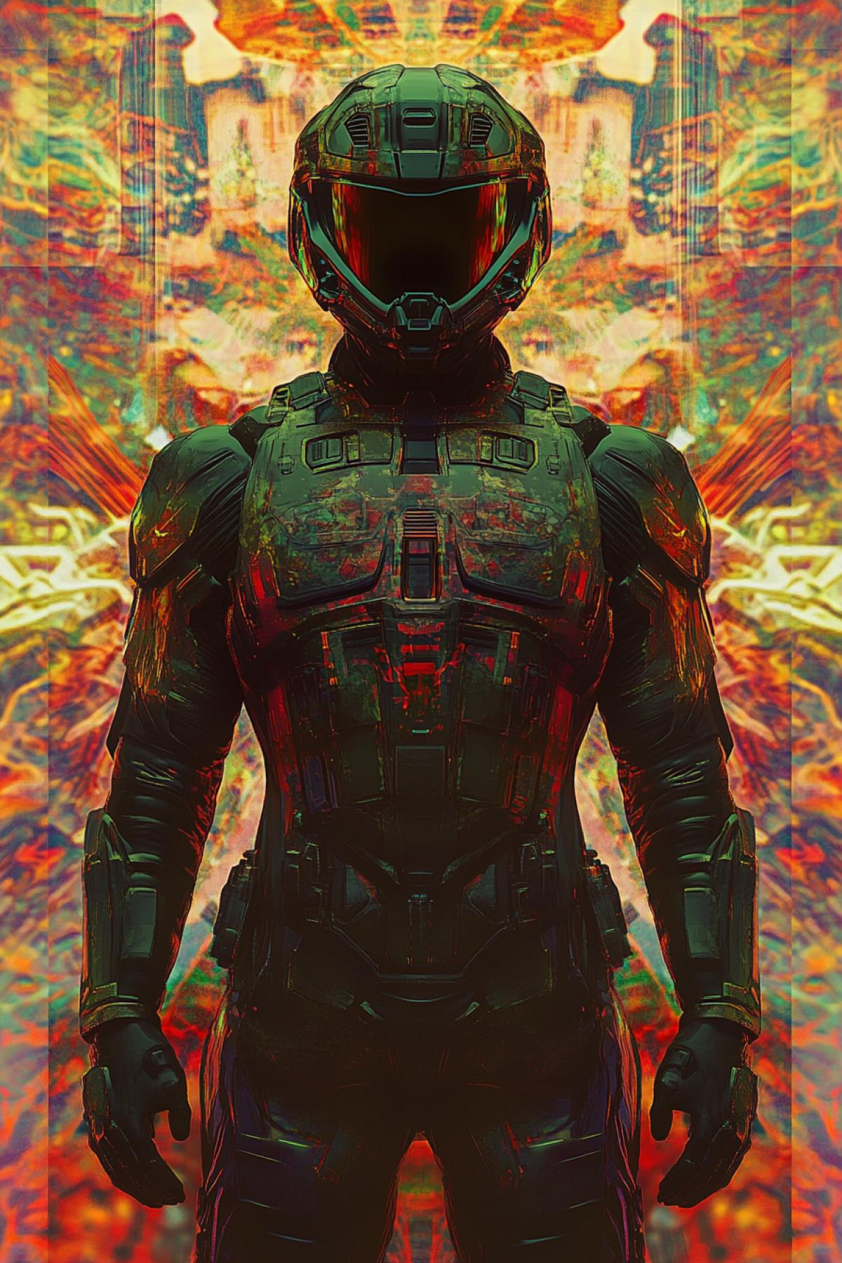 modern armor, powerful armor, psychedelic, protection, flickering, realistic image, photoshop