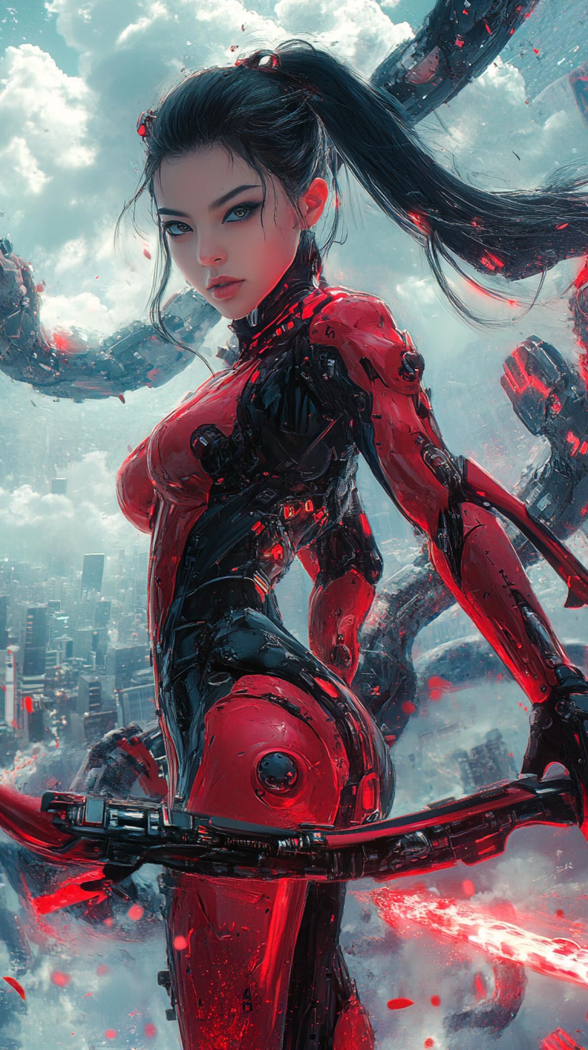 modern girls in red knight armor, metallic chrome, skinny girl, brunette with pigtails, bow and arrow, strong-willed, powerful look, dynamic jumping 4k, overdetalization, hyperrealism, neon, cinematic cyberpunk, holding a glowing energy weapon that materializes in her hand. Behind her, massive mechanical tentacles rise from a sea of white and blue clouds, their movements mechanical and menacing. The bright neon urban landscape in the background contrasts with the sinister energy of these tentacles. Photorealistic textures, bright lighting effects, sci-fi action and cyberpunk atmosphere
