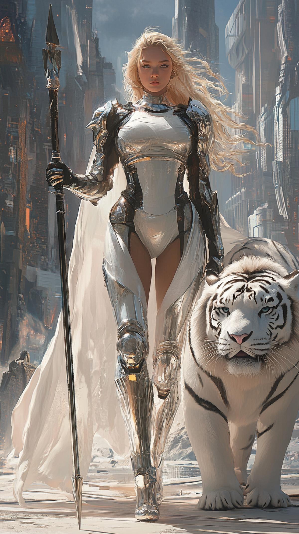 modern white knight armor girls, chrome metal, skinny girl, cool blonde hair, blue eyes and pink plump lips, spear in hand, strong-willed powerful look, cape of shiny white leather fluttering in the wind, next to the knight girl is a big white tiger, dynamic 4k, background of the city of the future, fantasy, photoshop, ultra detail, shimmer