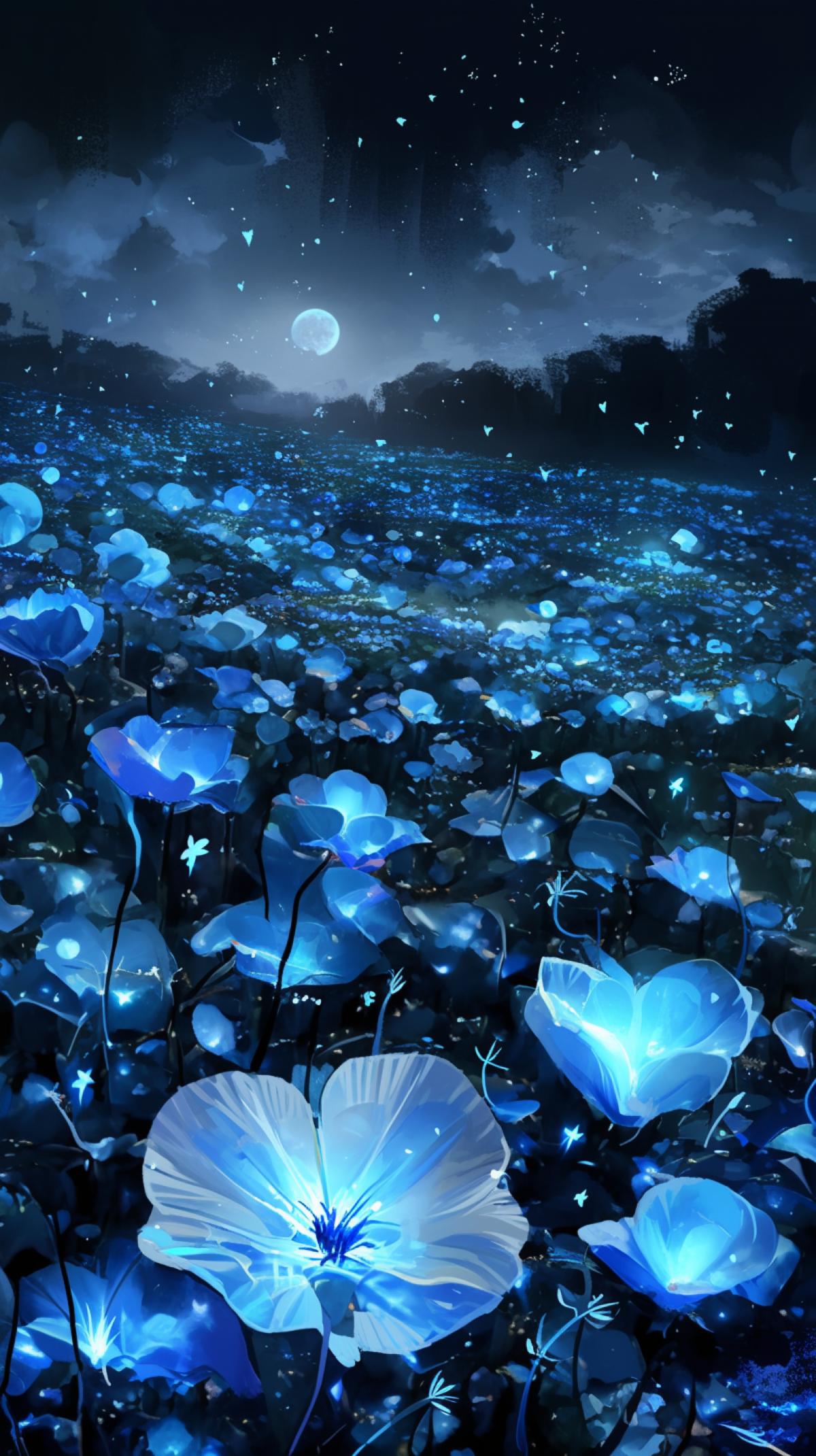 night, field of moonlit blue flowers, faint blue light from flowers, unusually shaped flowers, field, fantasy style, fireflies flying over the field, concept art, anime, painting, mangacore, cartooncore, game art, semi realistic, photo realistic, hyper realistic, hyper detailed