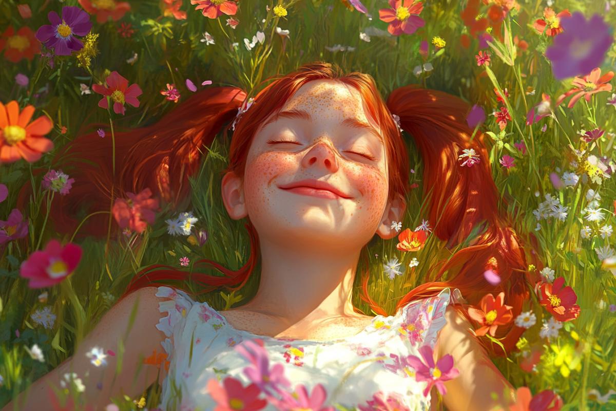 A girl with freckles and long red hair tied in ponytails happily lies in a flower field and enjoys the flowers. A cosmic meadow of extraterrestrial flowers of heavenly beauty and amazingness