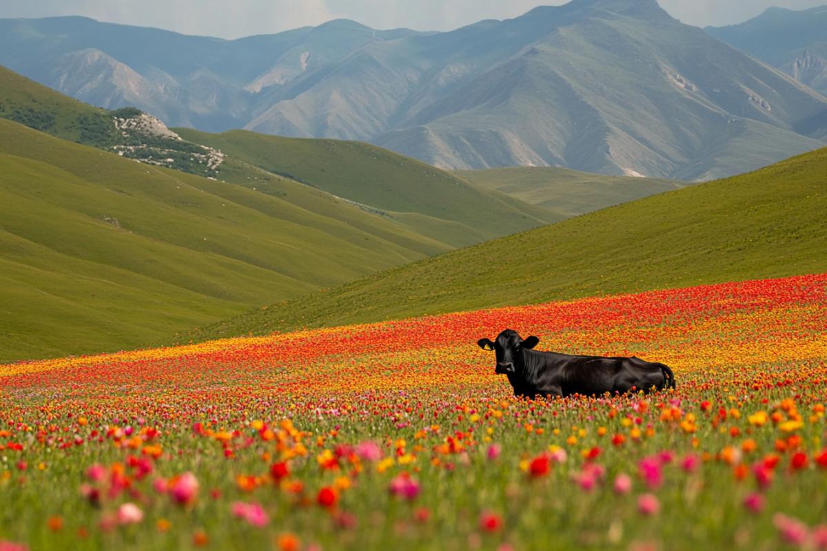 High in the mountains, in flower fields, cows are resting, beautiful attractive photo, high quality