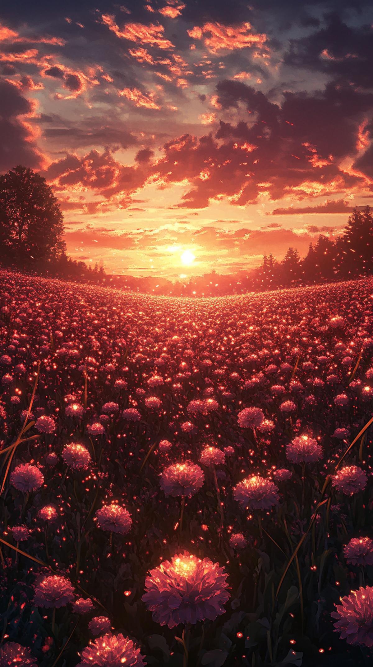 sunset on a field of fabulous flowers, large field, unusual crystal flowers, inside the petals a small multi-colored light, evening, fantasy style, fantasy style, fireflies flying over the field, concept art, anime, painting, mangacore, cartooncore, game art, semi realistic, photo realistic, hyper realistic, hyper detailed , by Jakub Rozalski