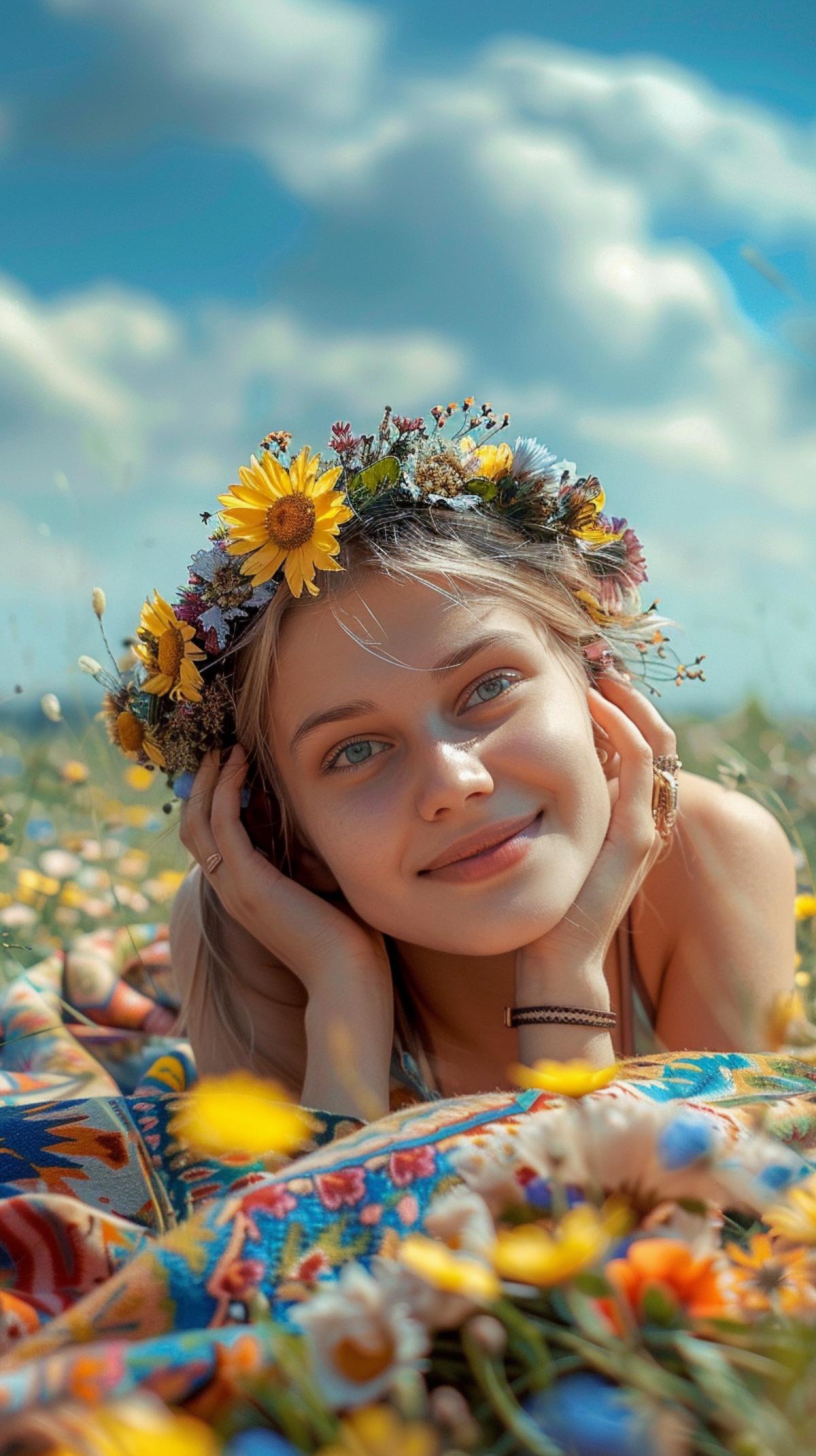 In the foreground, a close-up girl smiles and looks at the camera, leans on her hands, lies on her stomach on a Gzhel-style blanket on a flower field that goes up to the horizon, light clouds and sun in the sky, an atmosphere of summer relaxation, high quality photo, wildflowers , butterflies, a wreath of wildflowers on the girl’s head