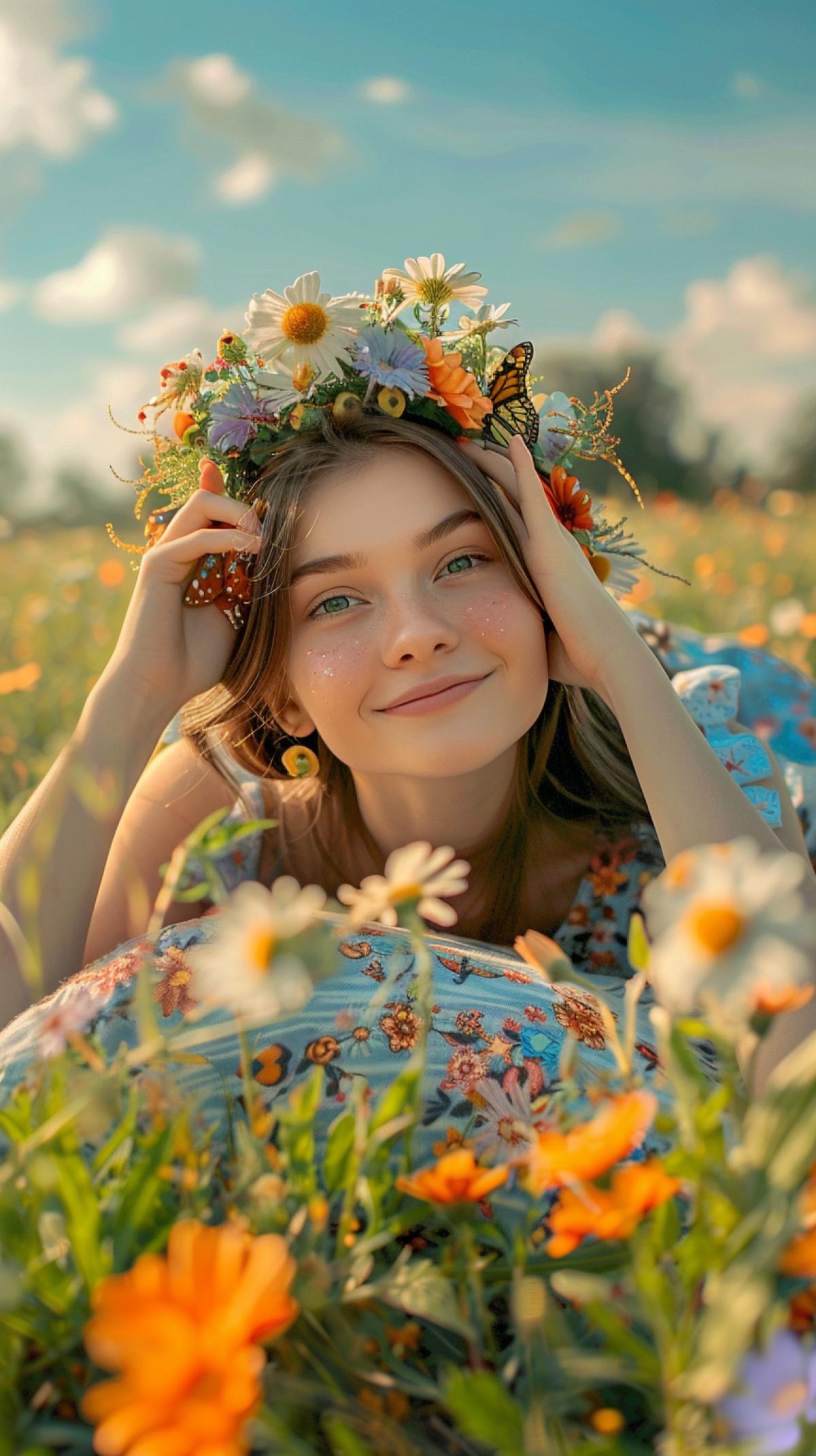 In the foreground, a close-up girl smiles and looks at the camera, leans on her hands, lies on her stomach on a Gzhel-style blanket on a flower field that goes up to the horizon, light clouds and sun in the sky, an atmosphere of summer relaxation, high quality photo, wildflowers , butterflies, a wreath of wildflowers on the girl’s head