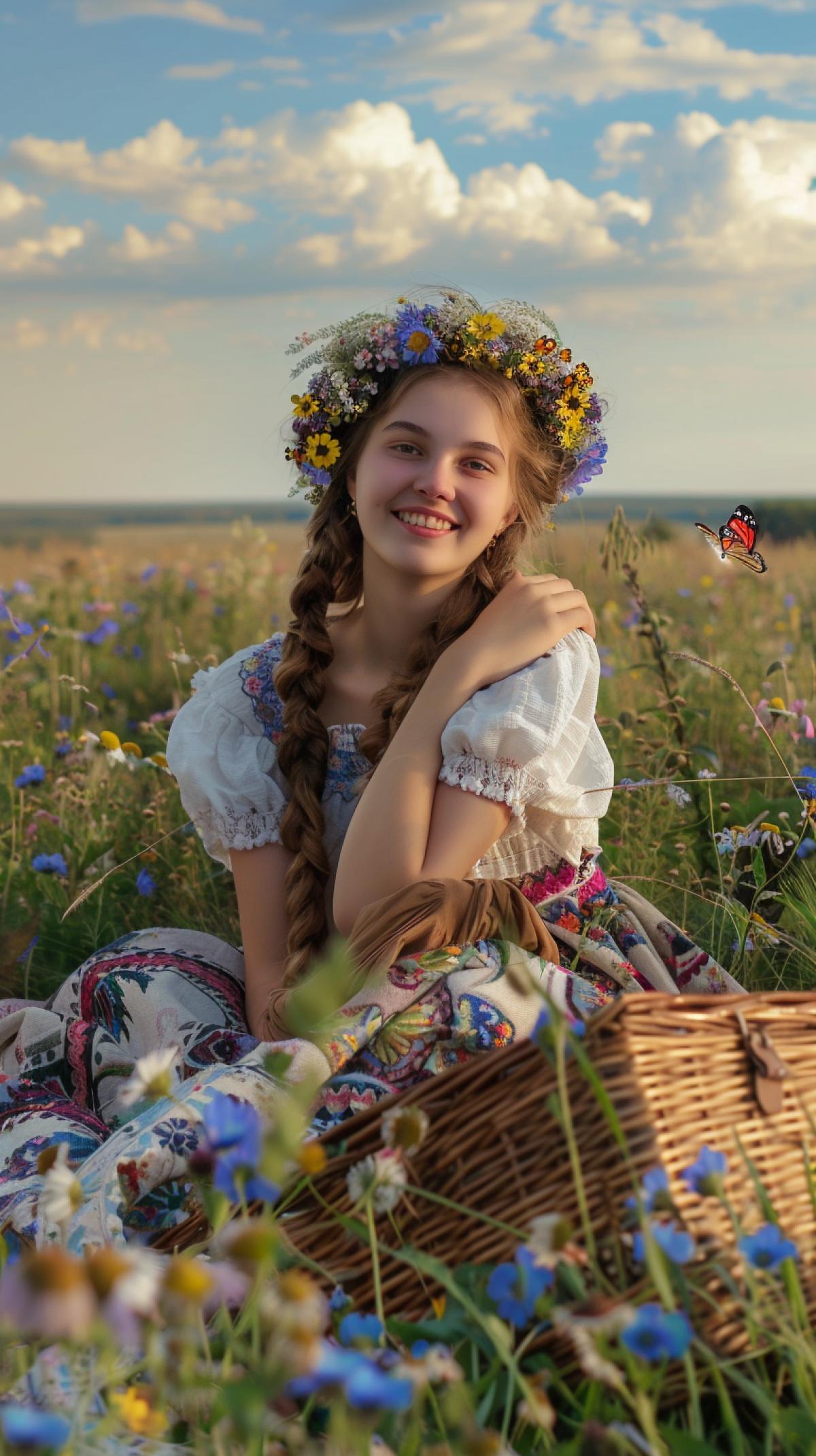In the foreground, a large girl smiles and looks at the camera, leans on her hands, leans back, sits on a Gzhel-style bedspread, on a flower field that goes up to the horizon, light clouds and sun in the sky, an atmosphere of summer relaxation, high quality photo, field flowers, butterflies, a wreath of wildflowers on the girl’s head, a picnic basket next to her on the blanket