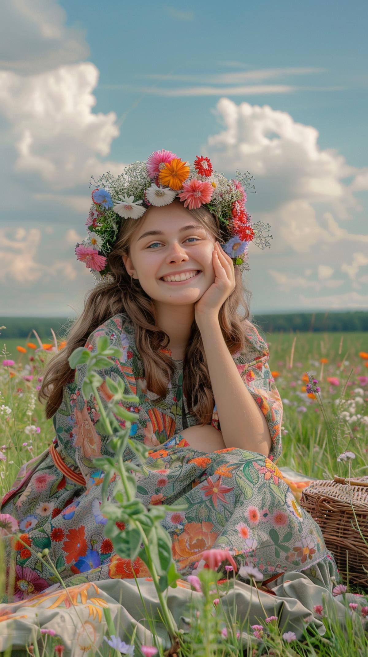 In the foreground, a large girl smiles and looks at the camera, leans on her hands, leans back, sits on a Gzhel-style bedspread, on a flower field that goes up to the horizon, light clouds and sun in the sky, an atmosphere of summer relaxation, high quality photo, field flowers, butterflies, a wreath of wildflowers on the girl’s head, a picnic basket next to her on the blanket