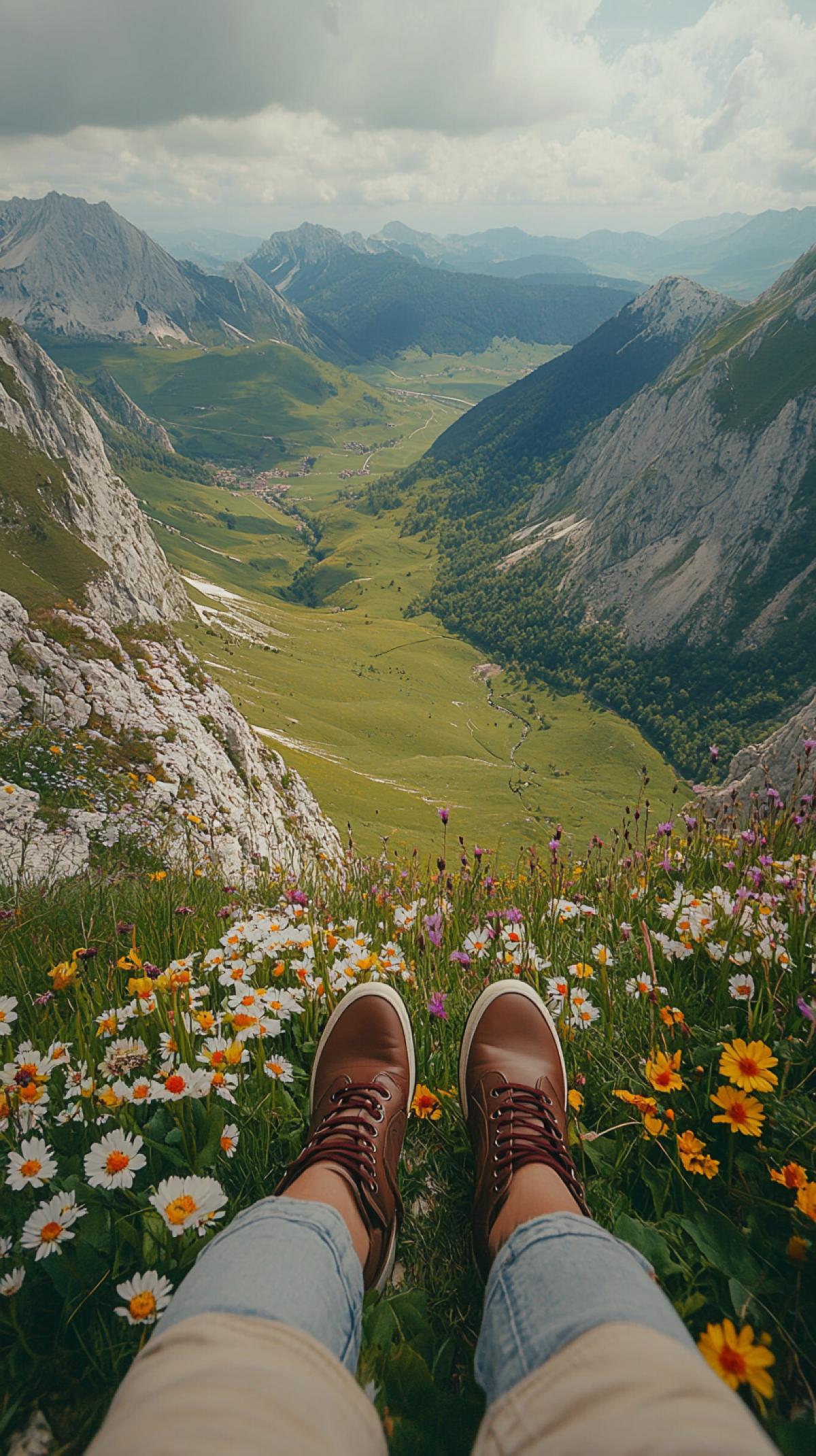 A first-person photo of a woman wearing shoes over mountains, overlooking fields of flowers, shot on Sony Alpha A7 III, wide angle. hyper-realistic, cinematic photography, top view