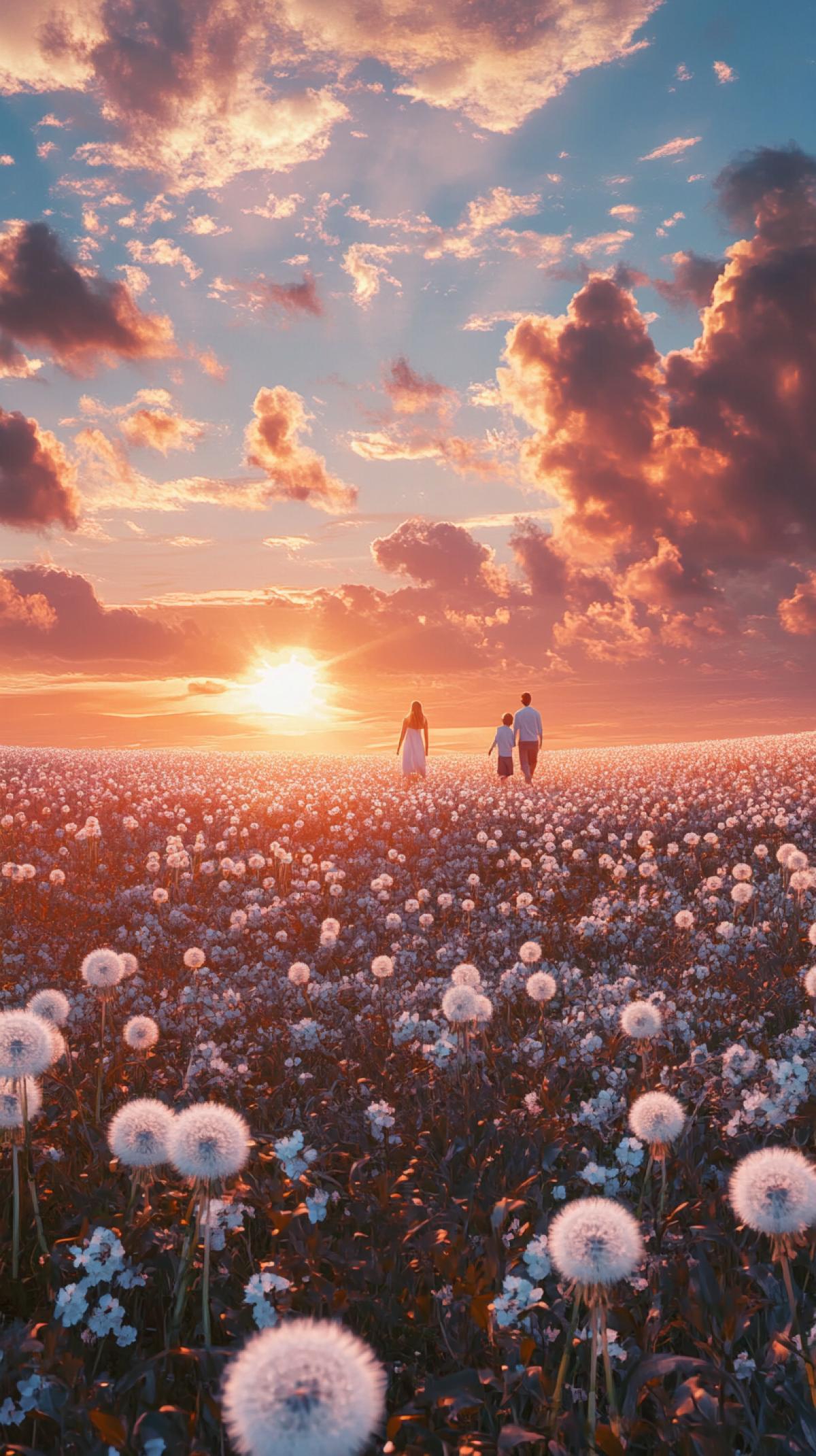 a flower field with white dandelions, mom, dad and son walk through the field for 1 year, white clothes, peace and quiet, the sun at sunset, pink clouds, hyperrealism, hyperdetalization