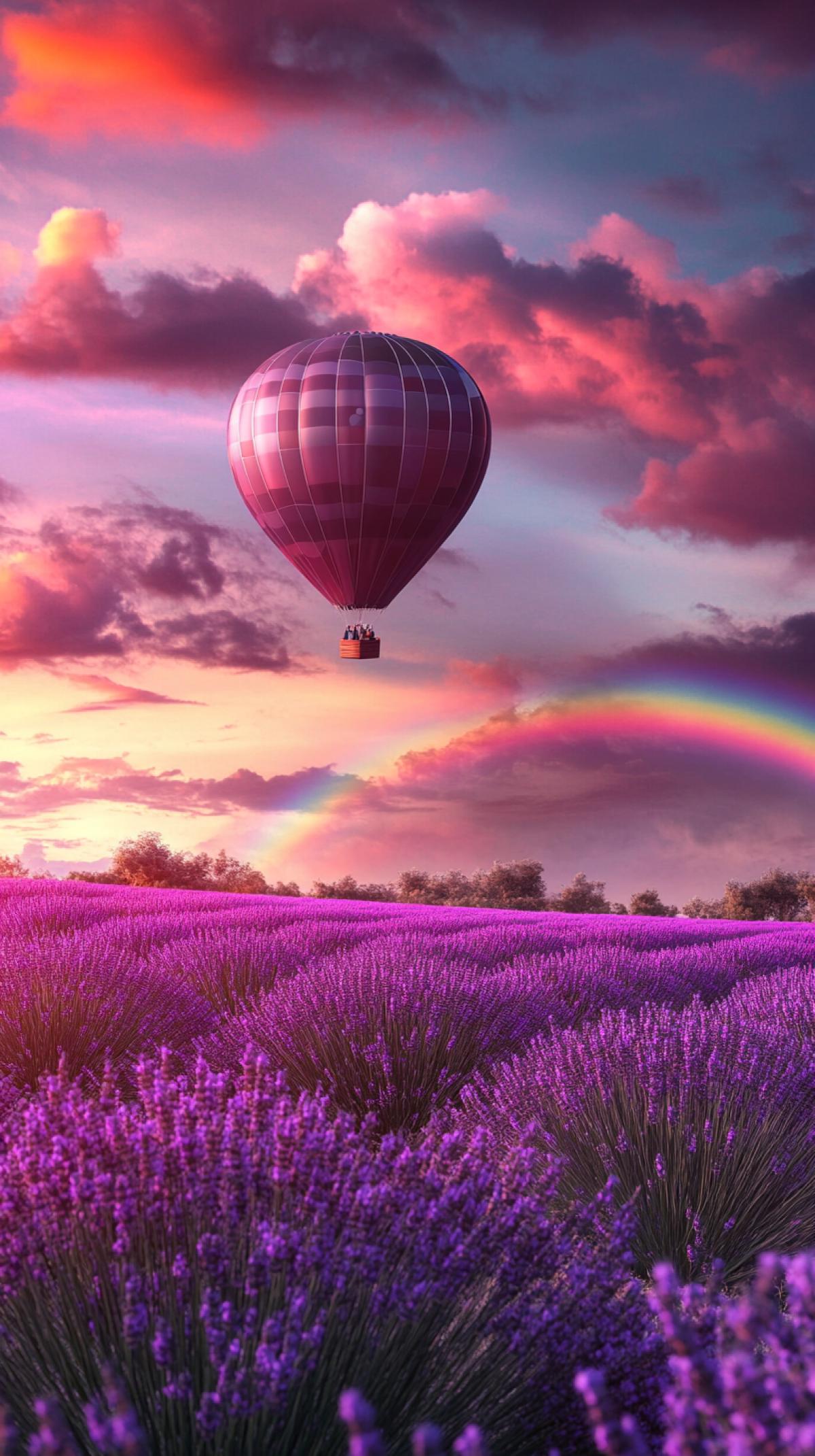 lavender field to the horizon, hot air balloon in the sky, rainbow, photorealistic