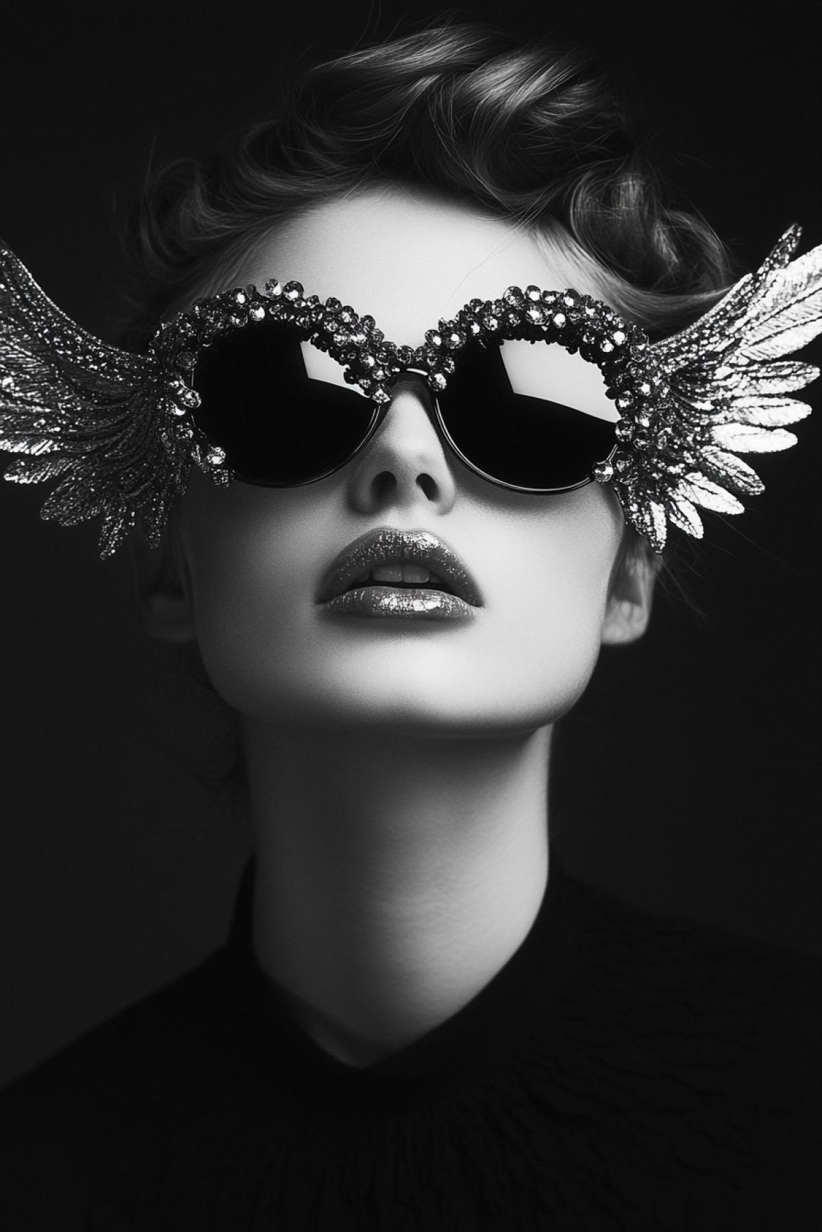 Girl in sunglasses with angel wings on the sides, decorated with rhinestones