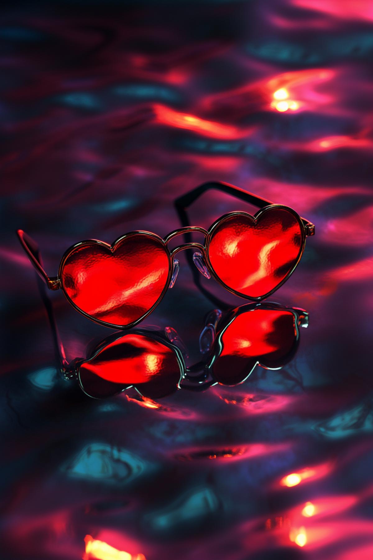 Extraordinary glasses with red big hearts, minimalism gothic style, psychedelic, flickering, realistic image, photoshop