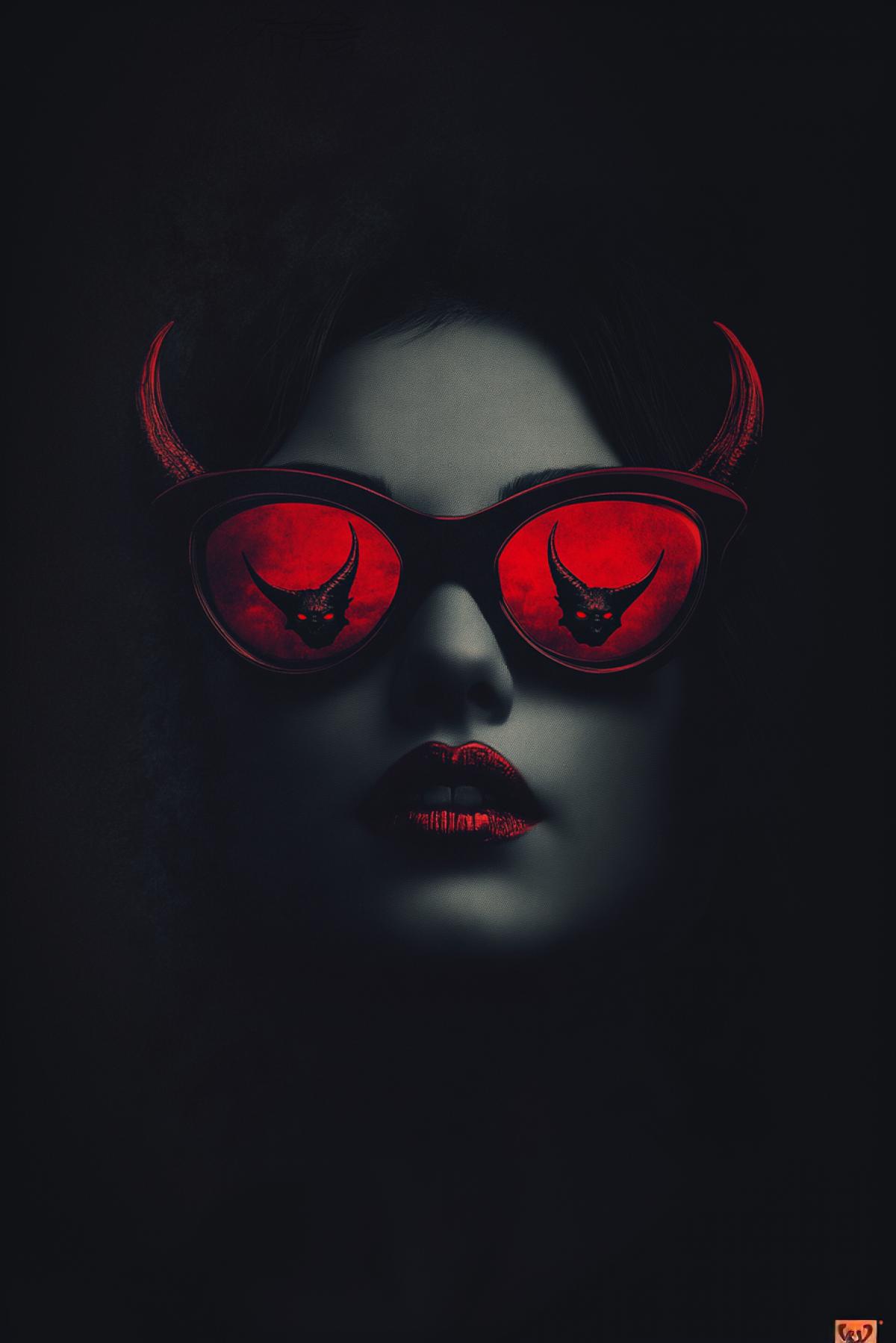 Unusual glasses with small devils and horns, gothic, siml 2025, minimalism, flickering, realistic image, photoshop