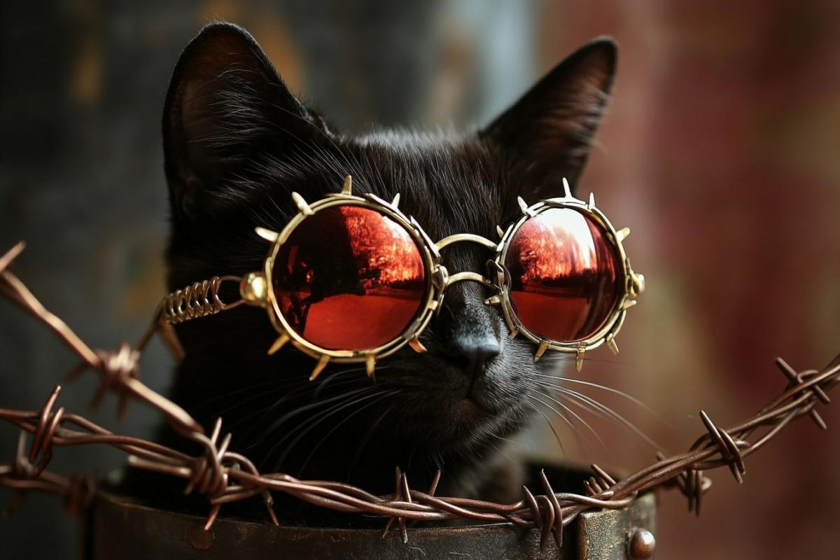 Devil cat in unusual sunglasses Baroque Faberge creative barbed wire, close-up