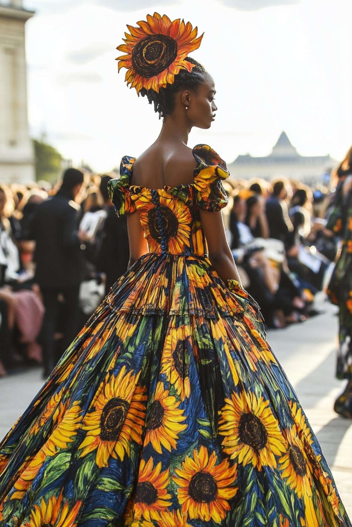 High fashion week in Paris. In the center of the frame is a girl in a dress decorated in the style of Van Goghs painting Sunflowers