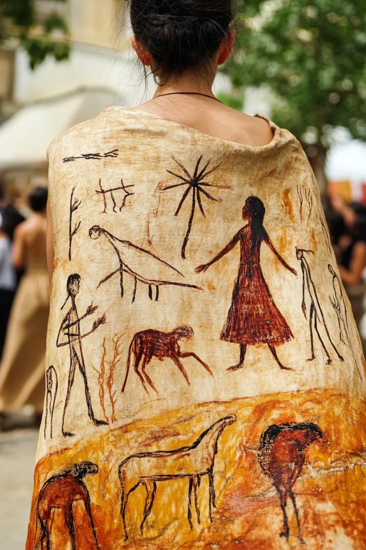 High fashion week in Paris. In the center of the frame is a girl in a dress decorated in the style of primitive cave painting.