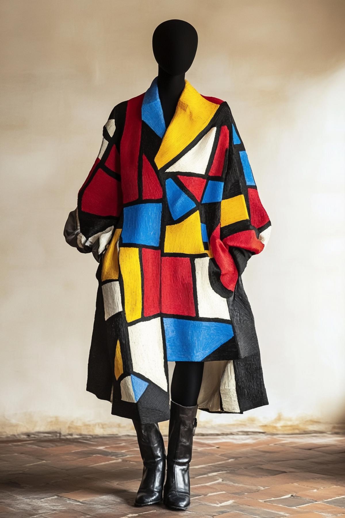 Costume in the style of Pablo Picasso, geometric shapes, bright contrasting colors, cubist patterns, asymmetrical cuts, textures reminiscent of abstract painting, depth of field, realistic style, contrast of angular and smooth lines, an atmosphere of boldness and innovation, shadows emphasizing geometry, fantastic element, inspired by Les Demoiselles dAvignon.