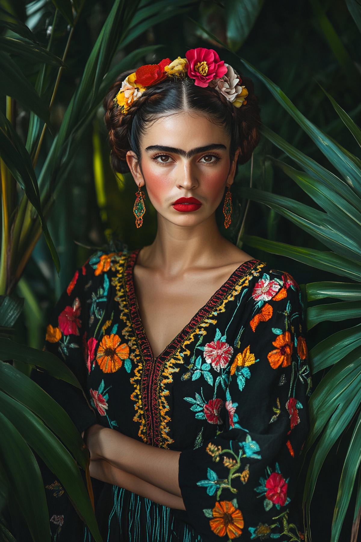 Womens dress in the style of Frida Kahlo, bright colors, floral patterns, traditional Mexican motifs, model with expressive makeup and hairstyle, standing surrounded by plants, textures imitating embroidery and fabric, depth of field, realistic style, contrast of bright and dark tones, atmosphere of and cultural heritage, shadows that emphasize volume, a background with tropical leaves, inspired by Frida’s self-portraits.