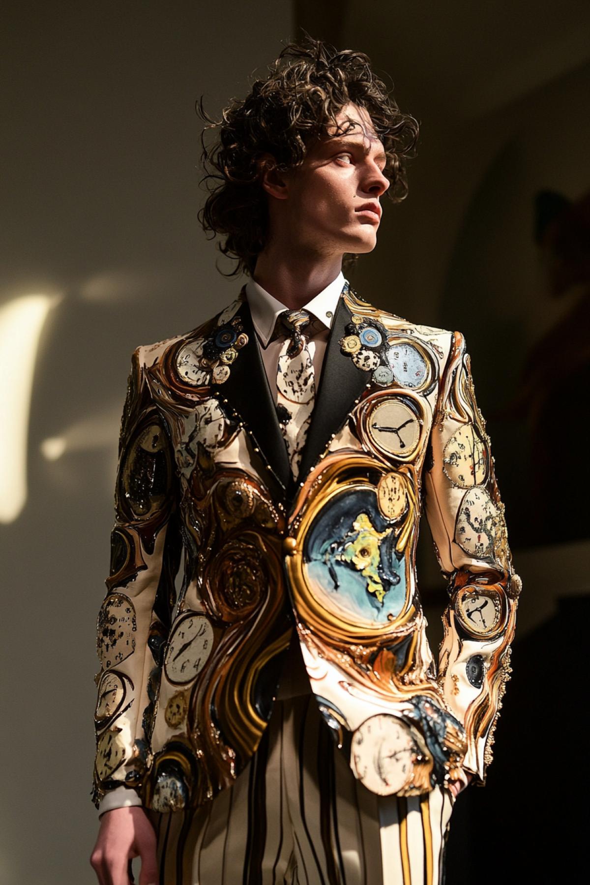 Model in a suit in the style of Salvador Dali, surreal elements, melting clocks embroidered on fabric, unusual proportions, pastel colors with gold accents, textures reminiscent of surreal landscapes, depth of field, realistic style, contrast of real and fantastic, atmosphere of mystery, shadows emphasizing volume, a fantastic element inspired by The Persistence of Memory.