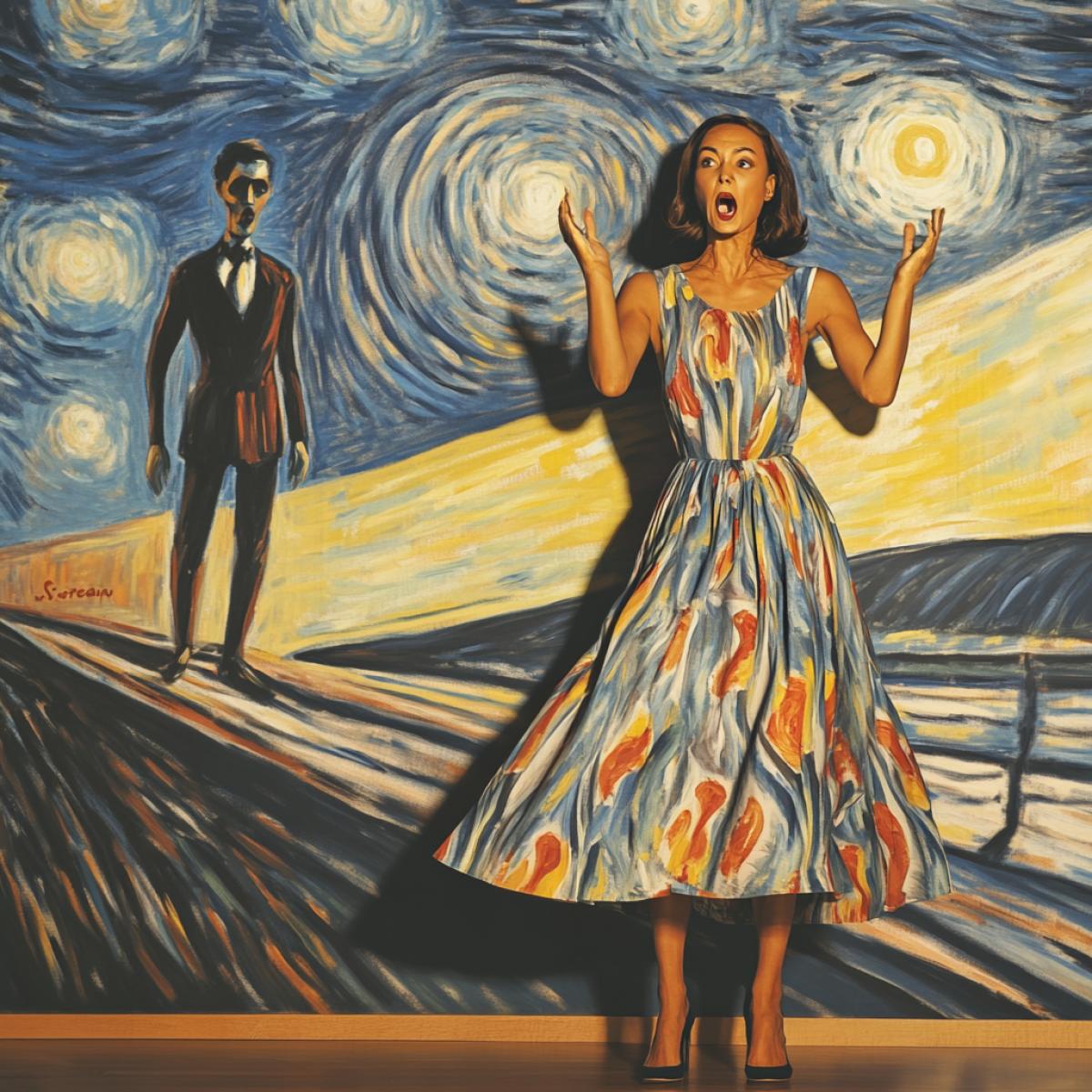 Edward Munch repeated his picture \"Scream\" on a womans dress. A dress with a long wide skirt is realistic. Photo of high quality