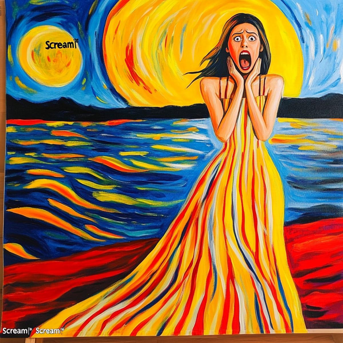 A woman in a dress with a long wide skirt in the style of the film \"Scream\" Edward Munk. On the skirt, the picture \"Scream\" Edward Munk is repeated. Realistic. Photo of high quality