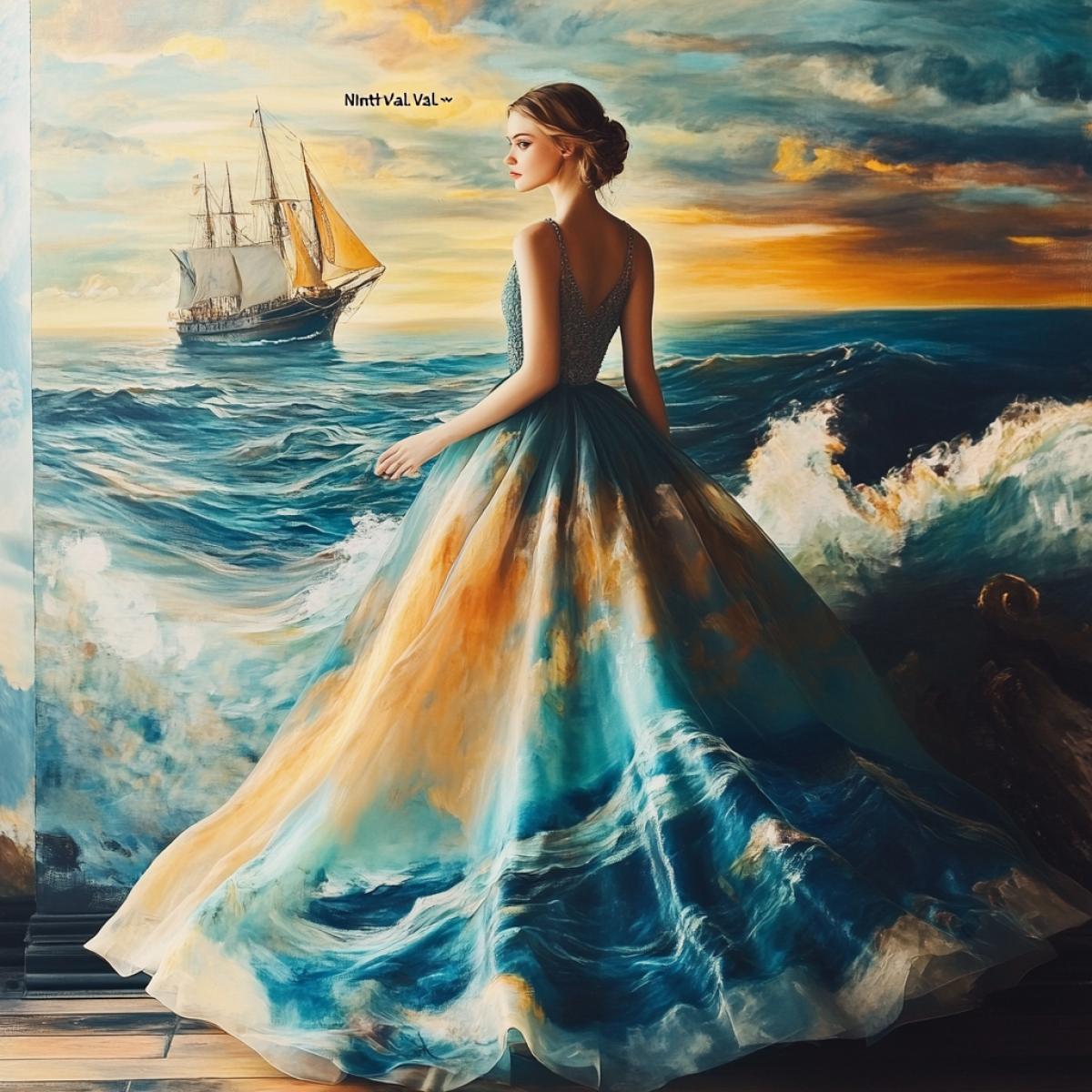 Woman Model in a dress painted in the style of the artist Ivan Aivazovsky. A wide long skirt with the image of the sea, as in the painting \"Ninth Val\" realistic. Highquality photo glow