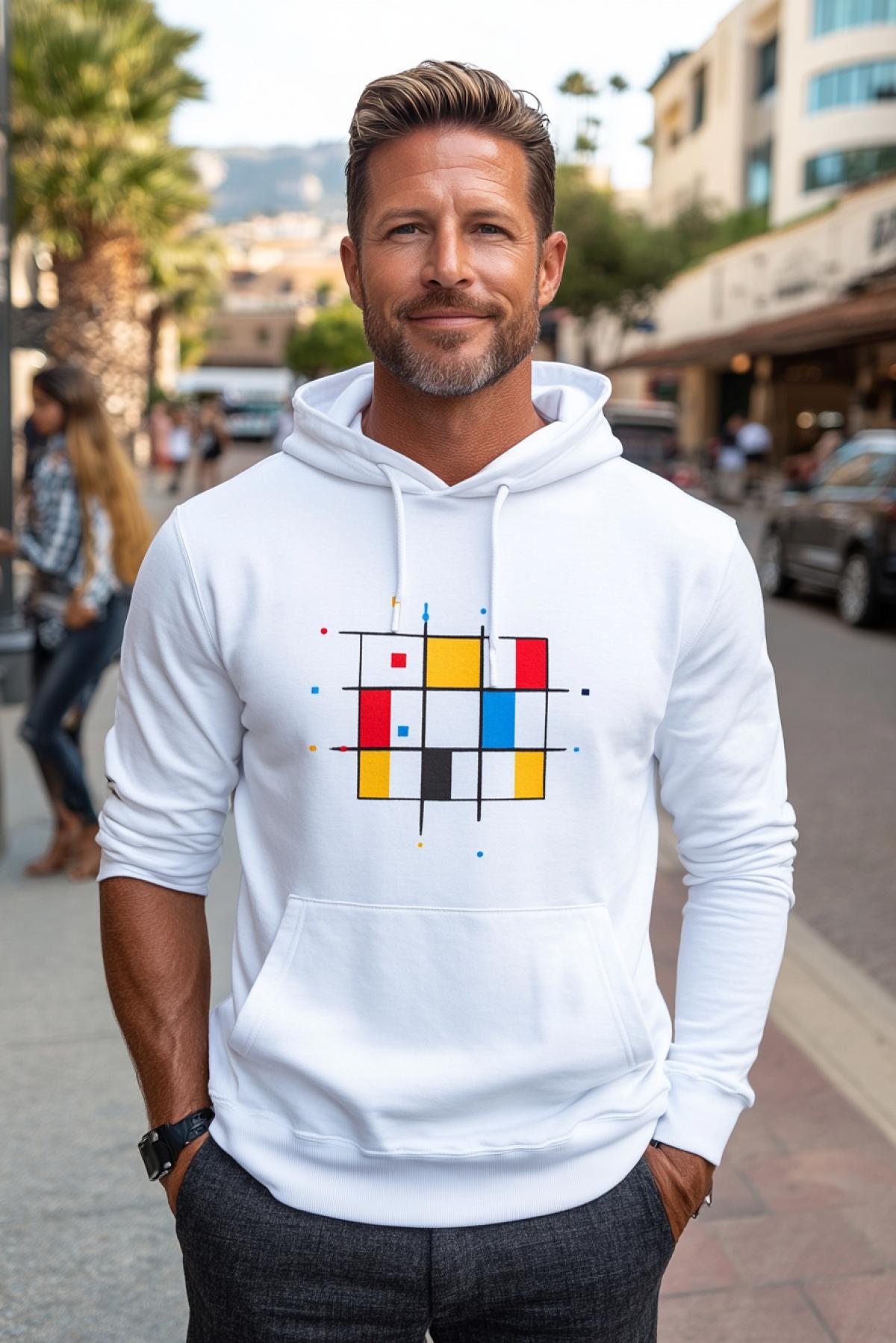 An elegant man in a volume hoodie with a print in the style of paintings by the artist Kandinsky