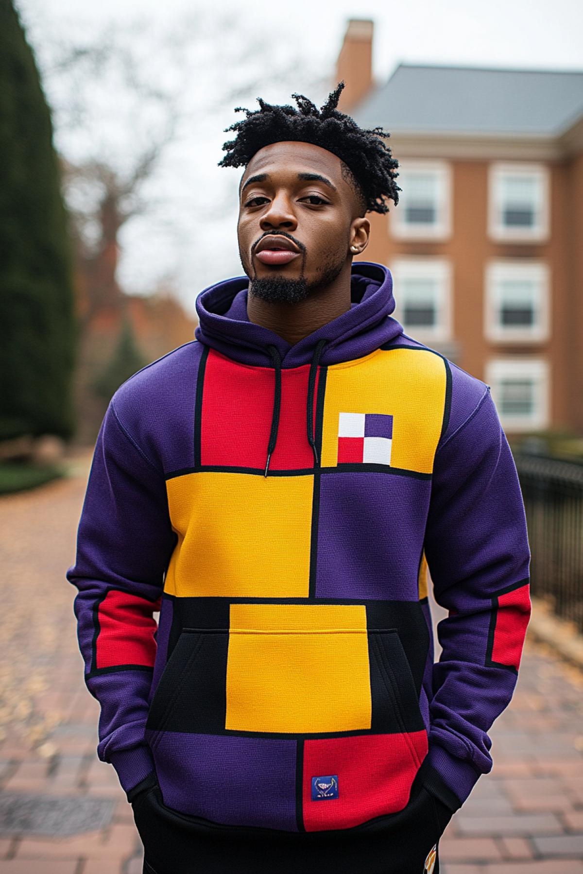 An elegant man in a volume hoodie with a print in the style of paintings by the artist Kandinsky