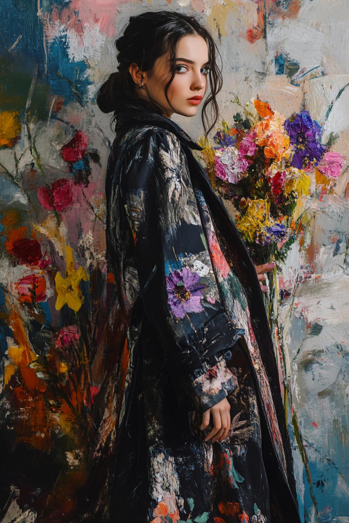 An elegant young woman in a long coat with a print in the style of painting by the artist Vrubel, on TKOV drawings bouquets of flowers with large juicy strokes of paint
