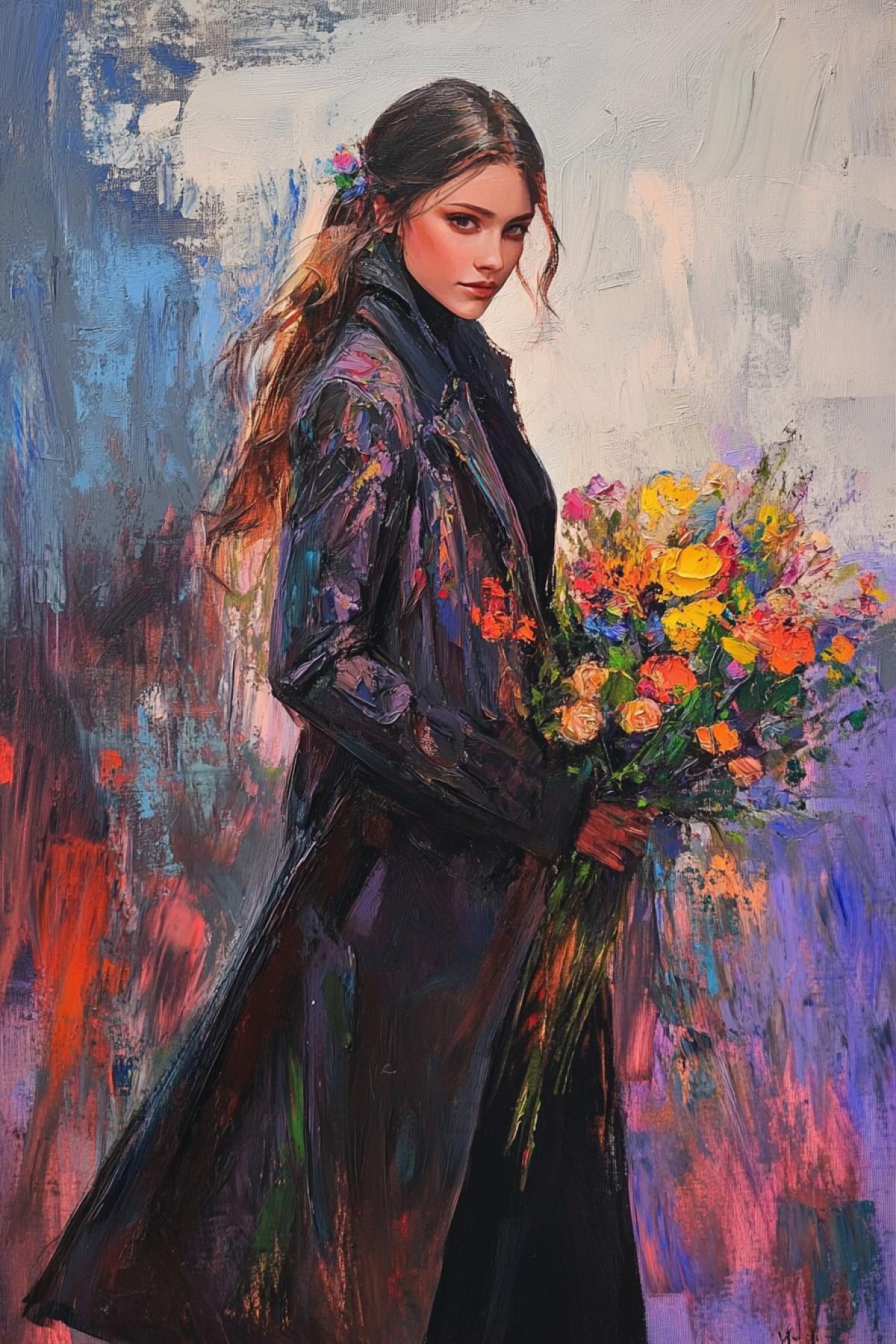 An elegant young woman in a long coat with a print in the style of painting by the artist Vrubel, on TKOV drawings bouquets of flowers with large juicy strokes of paint