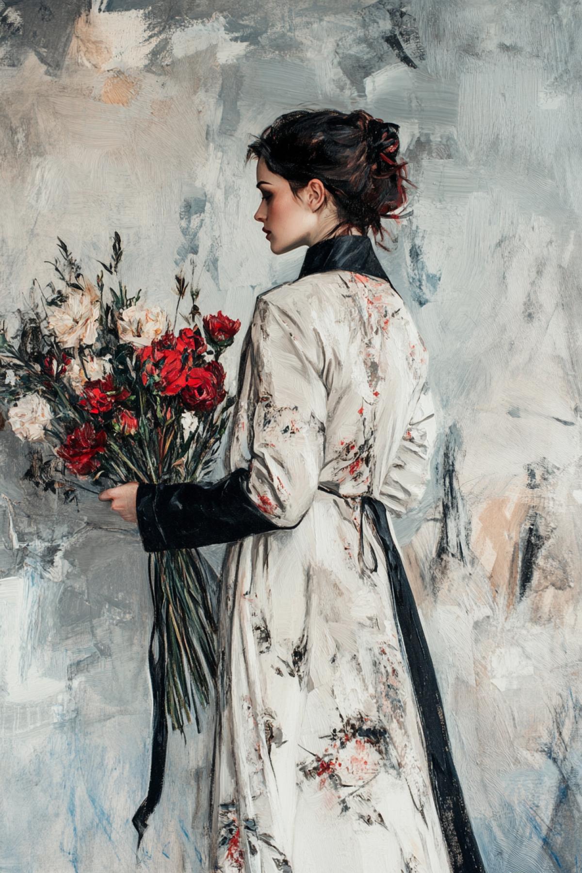 An elegant young woman in a long coat with a print in the style of painting by the artist Vrubel, on TKOV drawings bouquets of flowers with large juicy strokes of paint