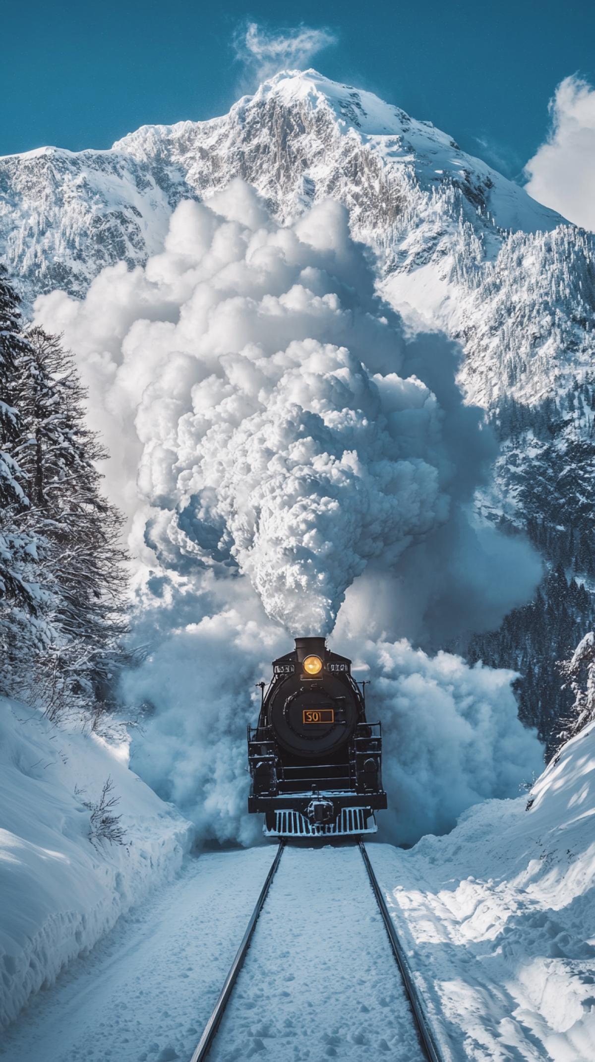 An avalanche descended on a steam locomotive, mountains, railway. The photo was taken in ultra-high resolution using a Hasselblad H6D-400c MS camera paired with a Canon EF 50mm f/1.2 L USM lens, made with exceptional precision to highlight the unique beauty of nature. The com4k is amazing: white snow-capped mountains contrast perfectly with the bright blue sky and snow-white snow, high detail