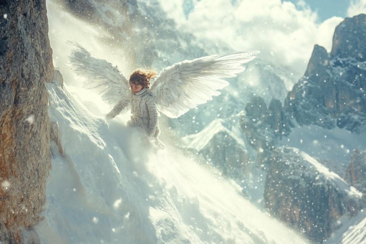 Angel saves a child from a terrible snow avalanche in the mountains