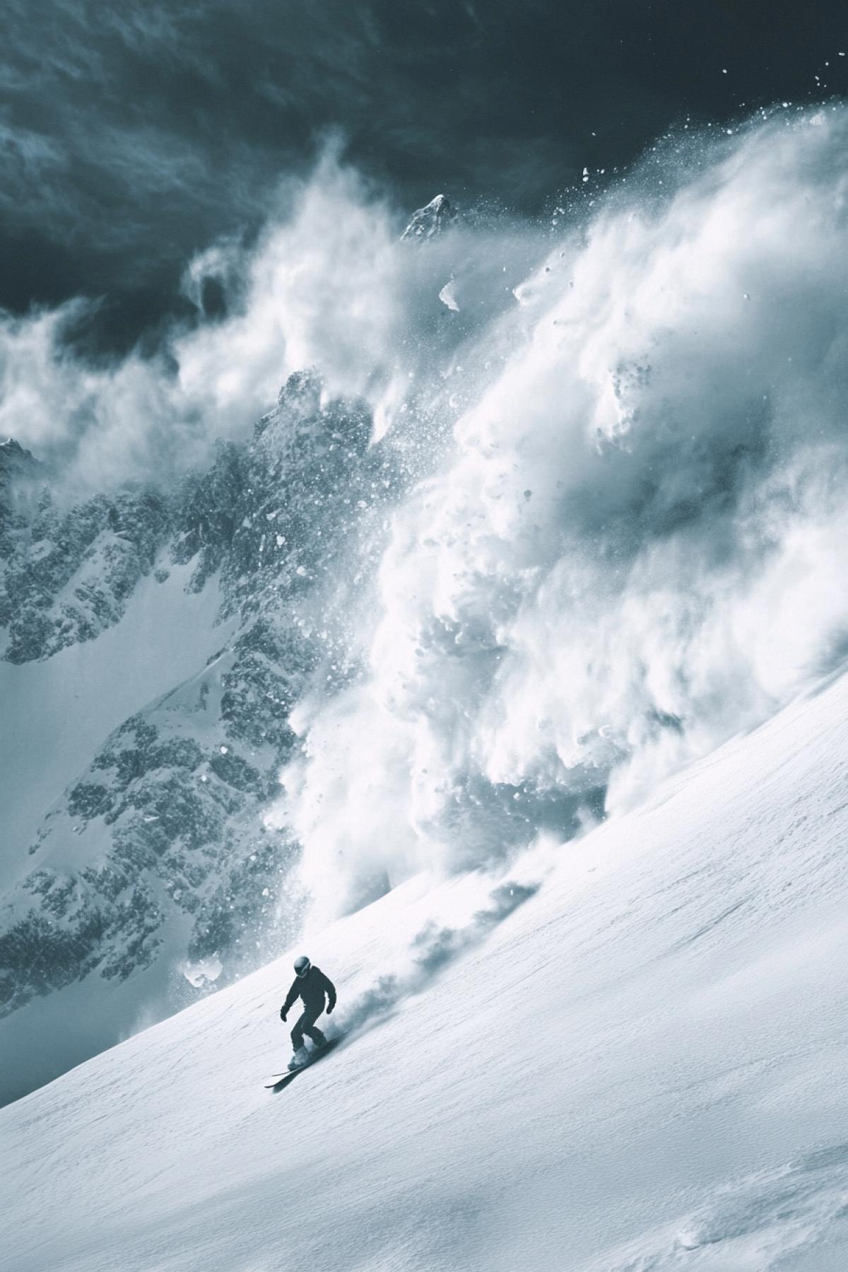 A big snow avalanche, a man riding a snowboard from below the mountain