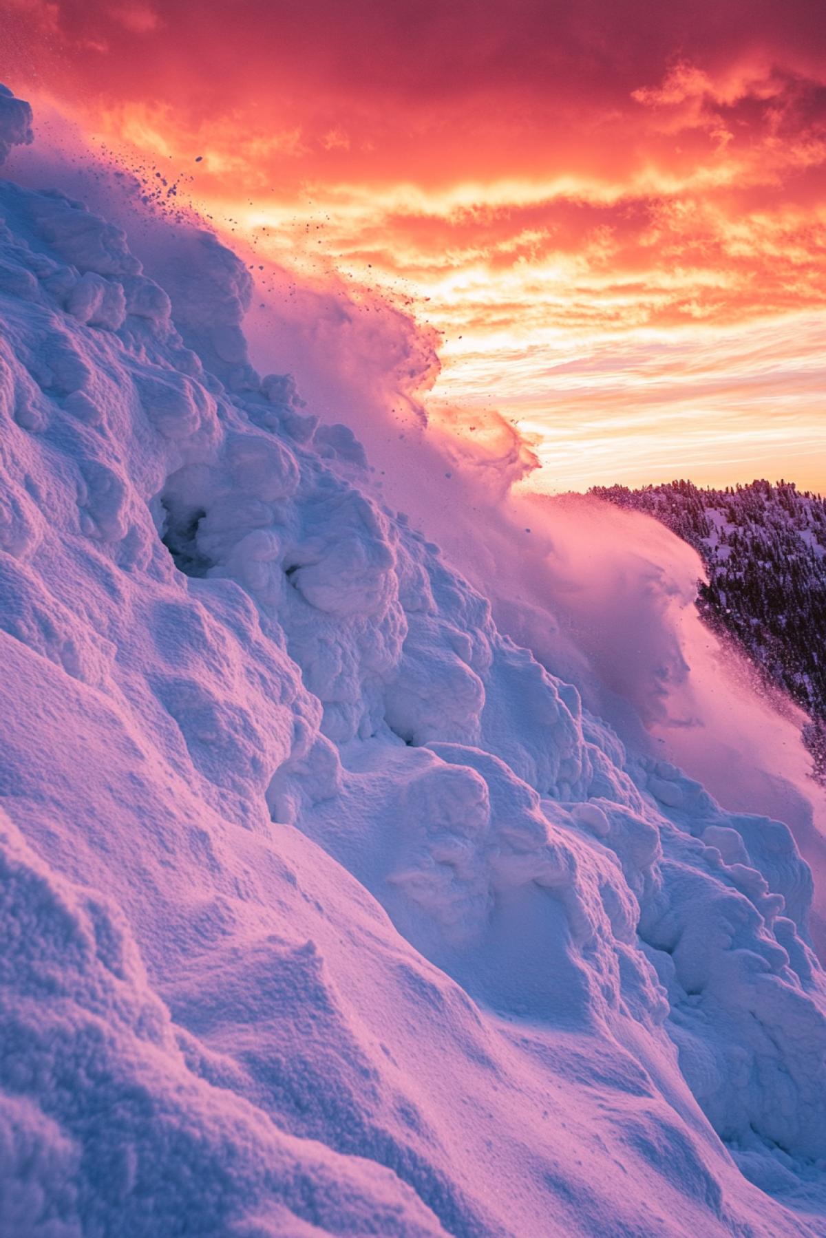 big snow avalanche, shooting from below. Red sunset sky.