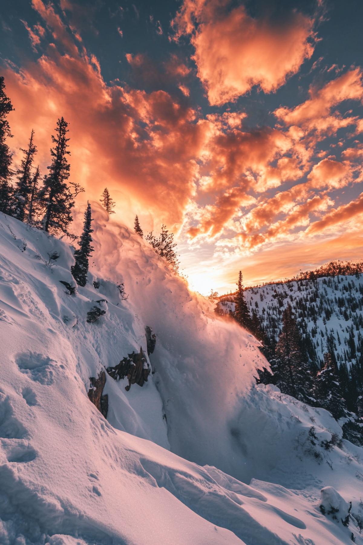 big snow avalanche, shooting from below. Red sunset sky.