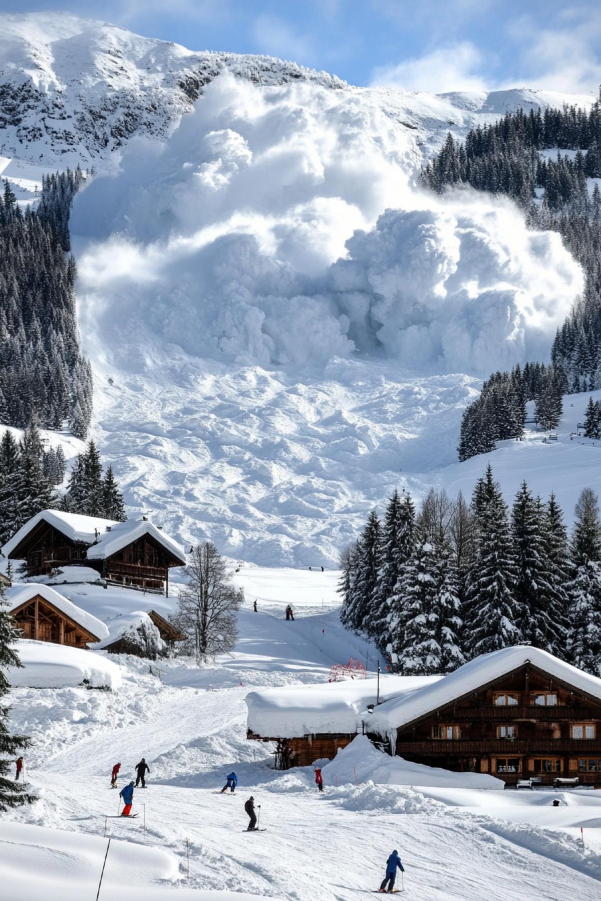 Avalanche chasing skiers down the slope