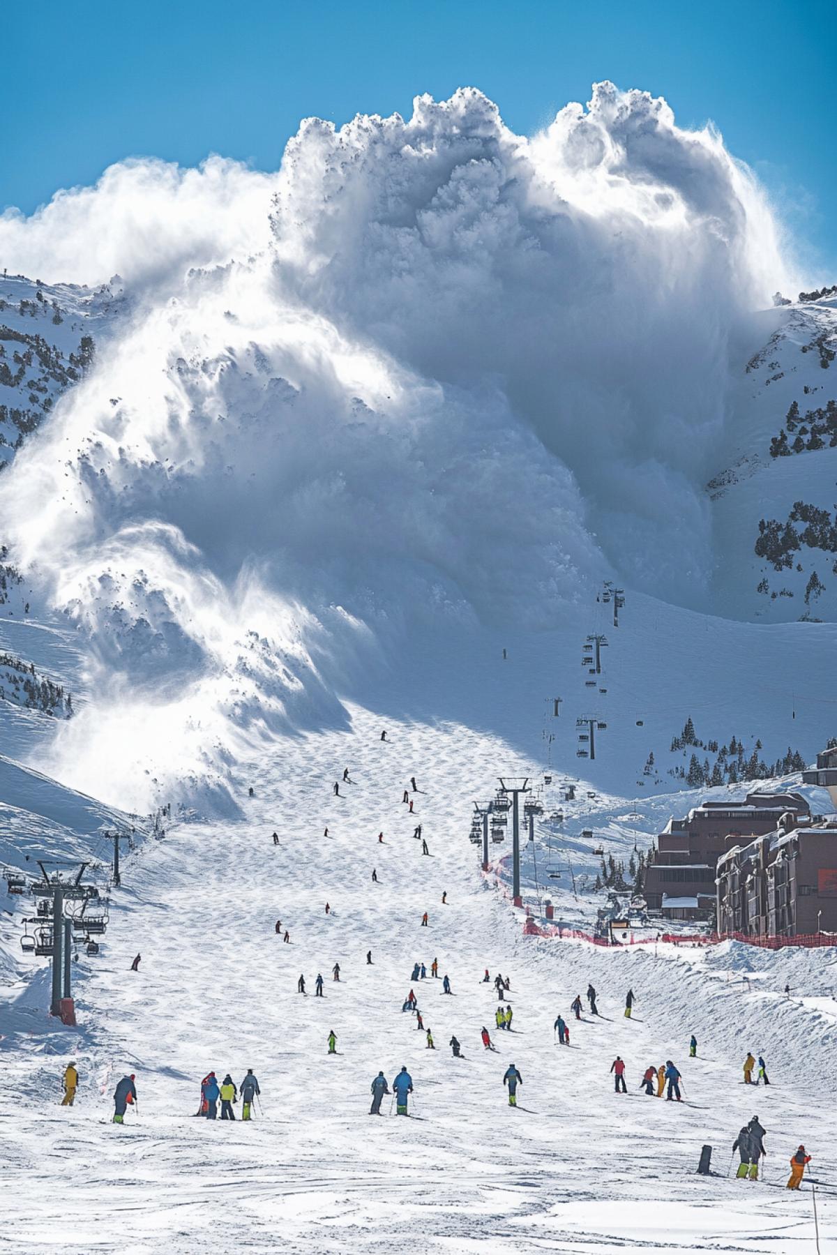 Avalanche chasing skiers down the slope
