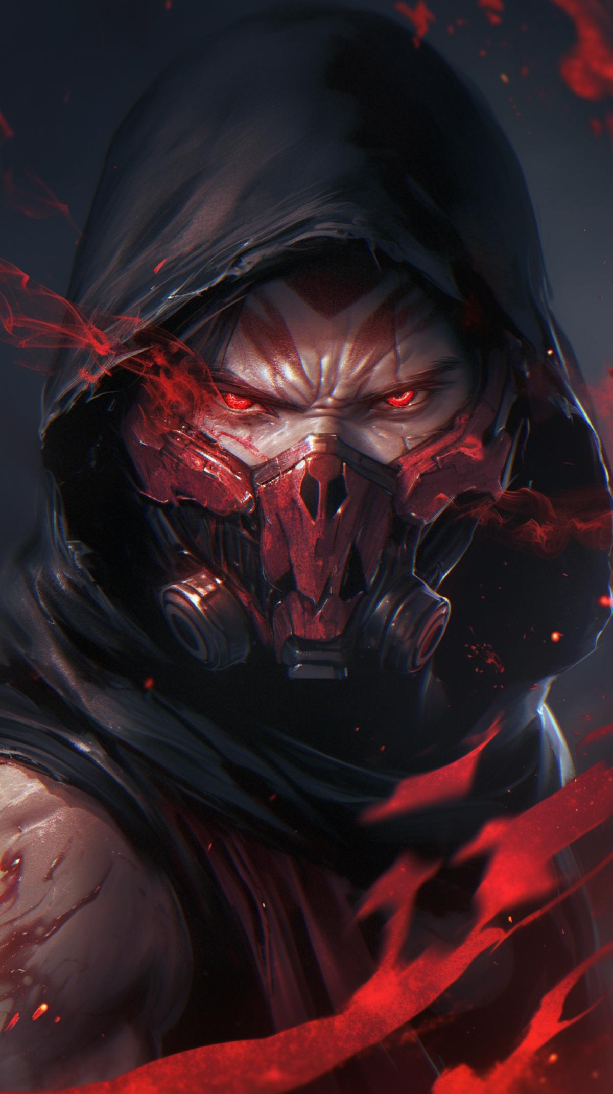 young man, dark hair, in a dark hood, emotion of anger, demonic energy, red eyes, sub zero mask, scorpion mortal combat mask, dark background, night, pale complexion, wearing a red and dark skullface mask, japanese style, breathing mask, sci-fi mask over mouth, wearing dark tank top, punk outfit, rebel, futuristic, sci-fi, cyberpunk, dieselpunk, steampunk, cinematic, anime, cool, 4K, portrait, profile pic, pfp, dynamic background