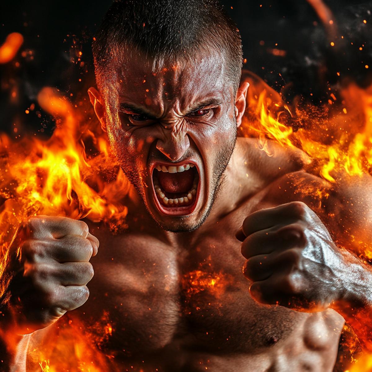 The athlete man is very angry, screams, clenched his fists, sweat pours. Anger, anger, rage. The eyes are red, on the face of fire, breathes with fire, the muscles of the face are tense. Kinematographic. Photo of high quality