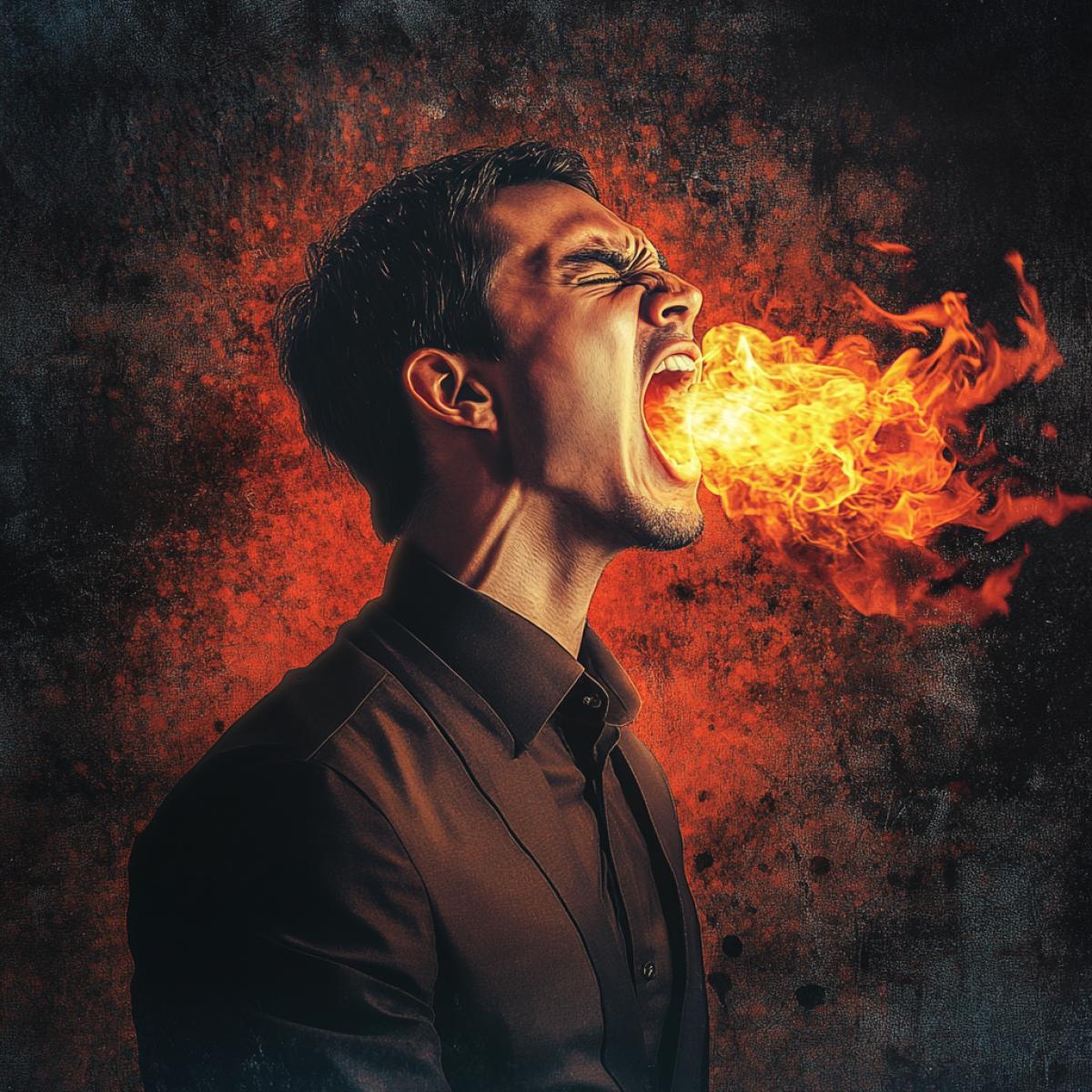 A man is screaming, angry, his mouth is open, there is fire inside his mouth, he is breathing fire