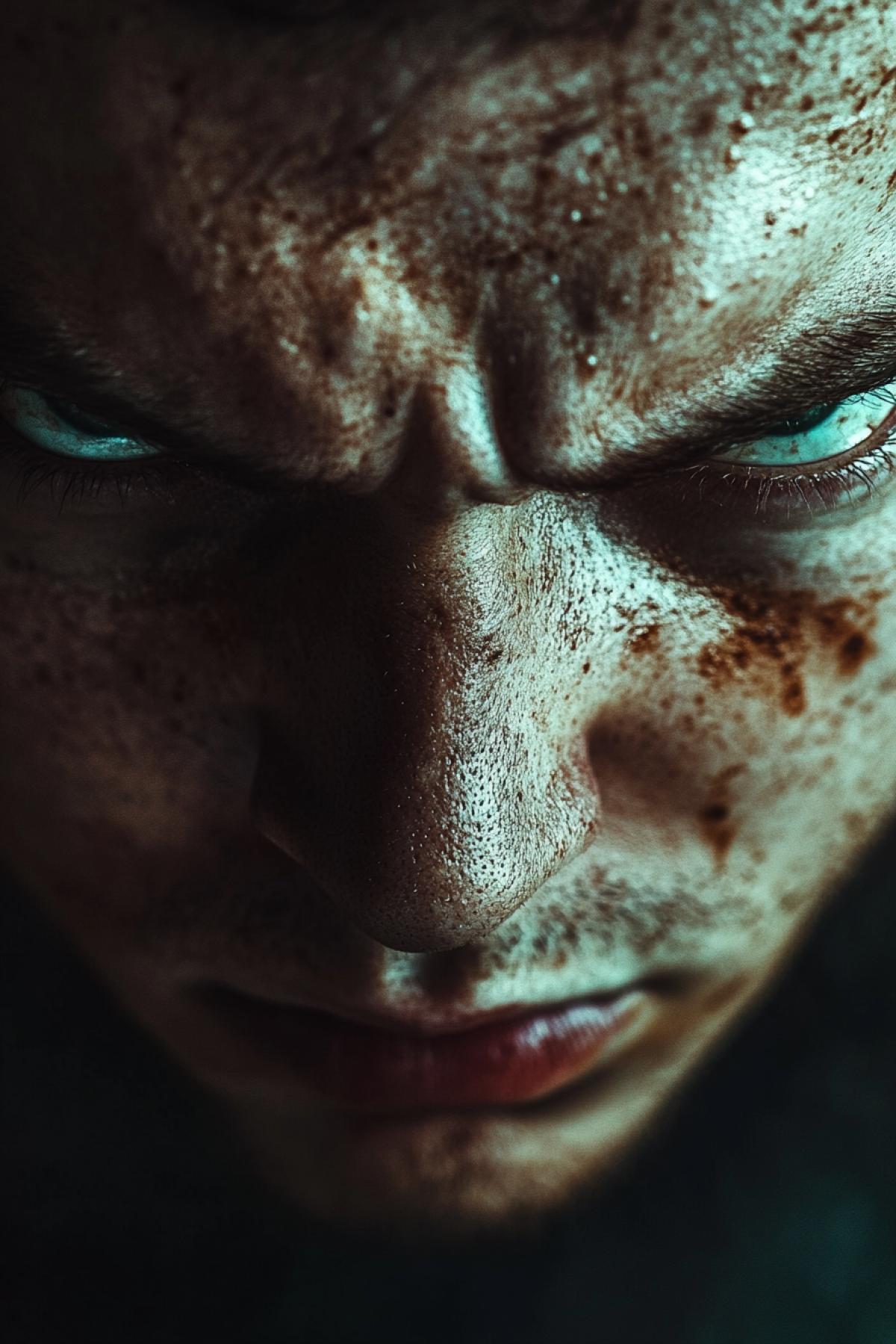 A cinematic frame, a face full of anger and rage looks into the camera, a close angle, on the background, a weak almost extinct light.